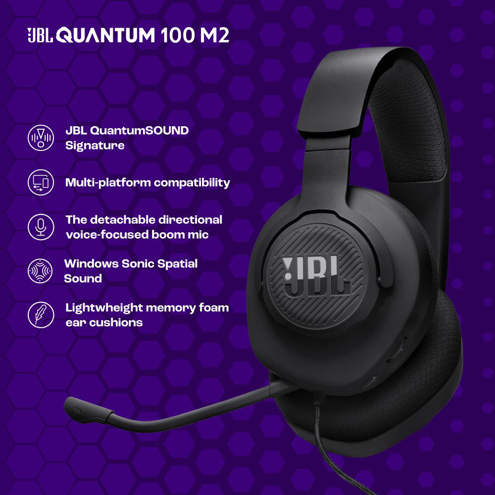 Schwarzes JBL Quantum 100 M2 Headset mit Mikrofon und aufgelisteten Funktionen.