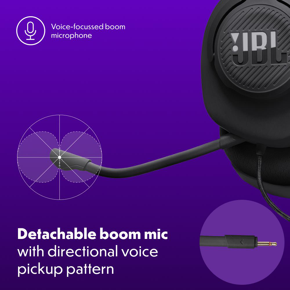 Schwarzes JBL-Headset mit abnehmbarem Mikrofon, Diagramm des Sprachaufnahmemusters.
