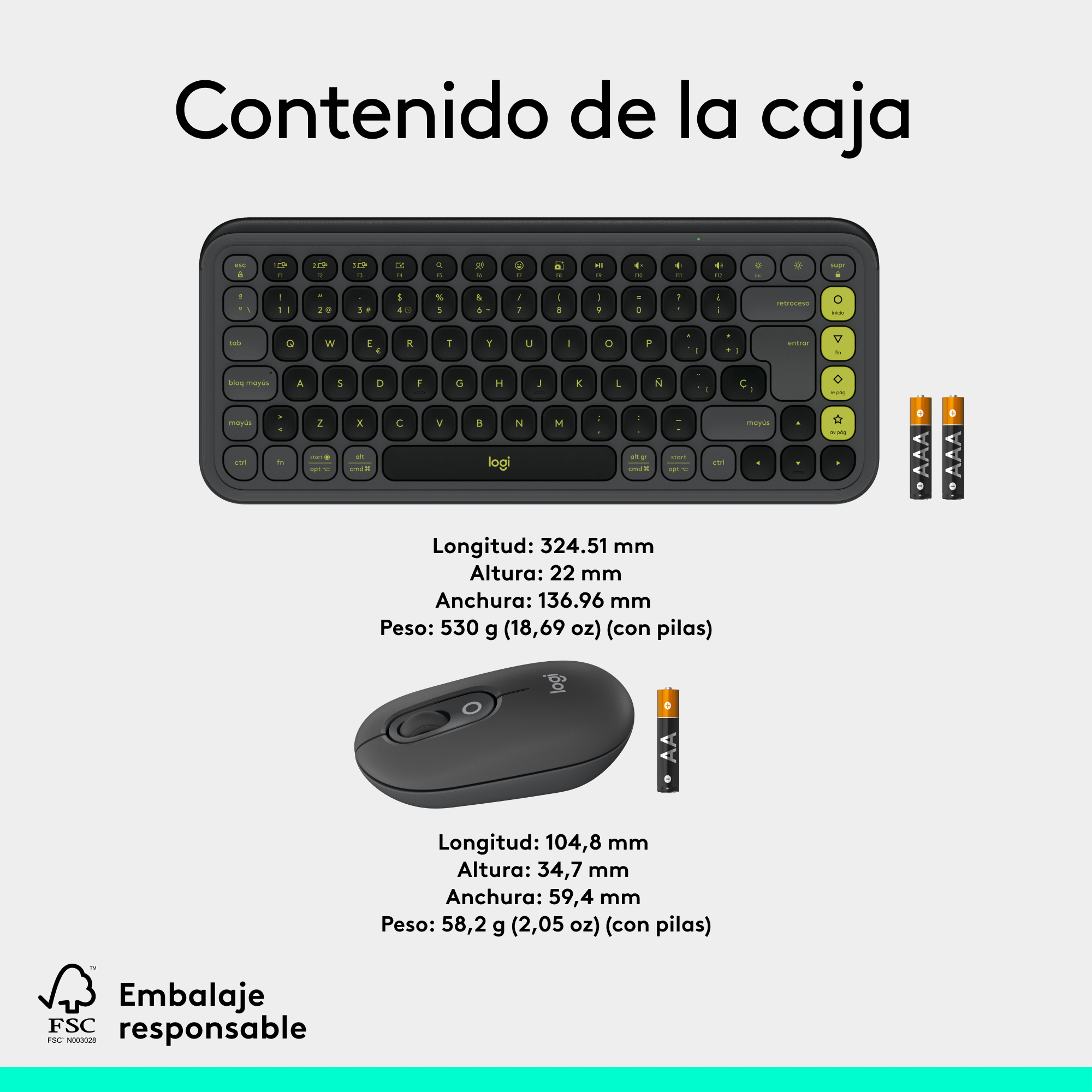 Conjunto de teclado y ratón con pilas AAA. El teclado es negro y verde. El ratón es negro. Texto en español.