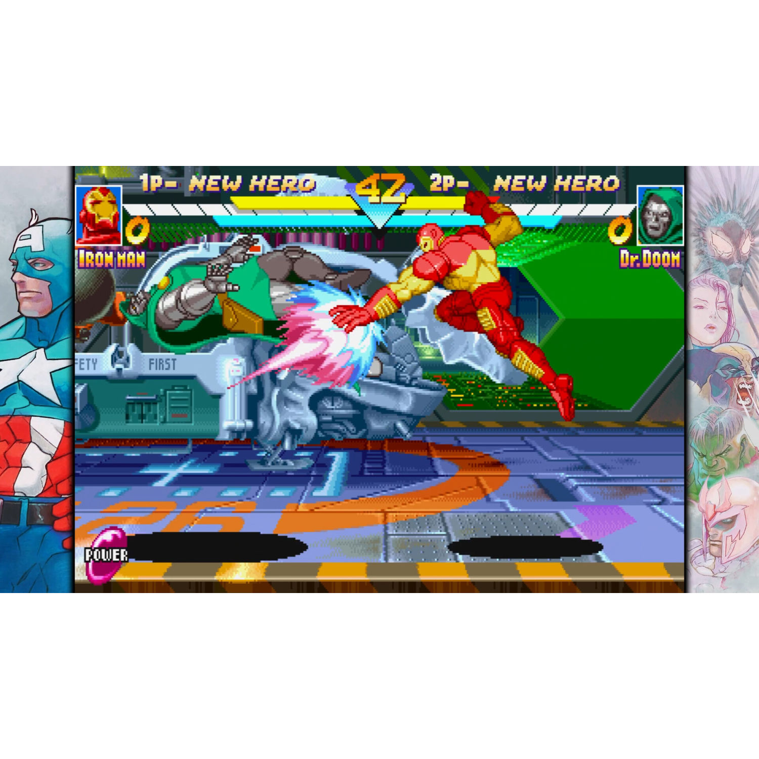 Iron Man vecht tegen een groenhuidige Hulk-achtige figuur in een retro arcade game. De game toont health bars.