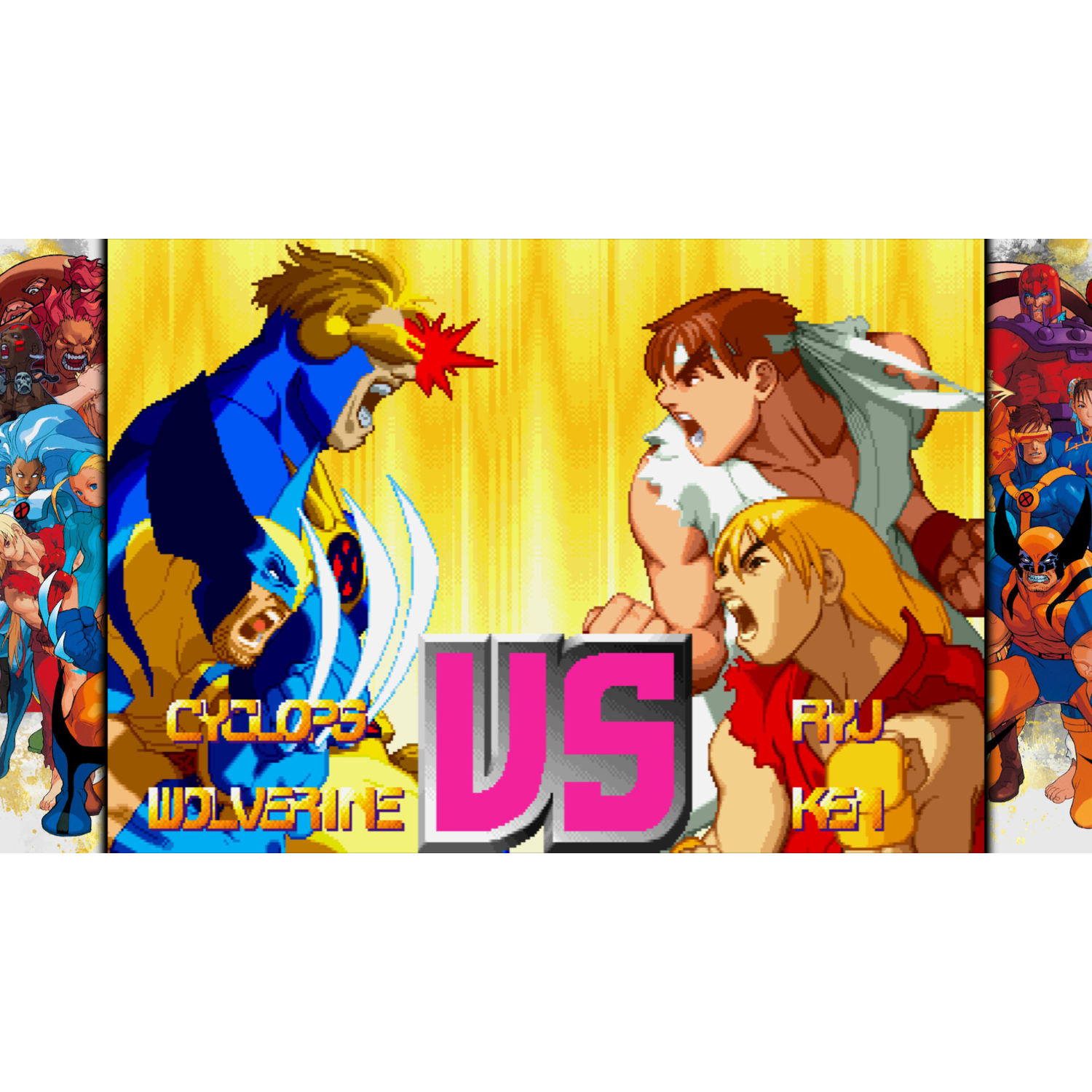 Gepixeld beeld van Cyclops en Wolverine vs. Ryu en Ken in een vechtspel.
