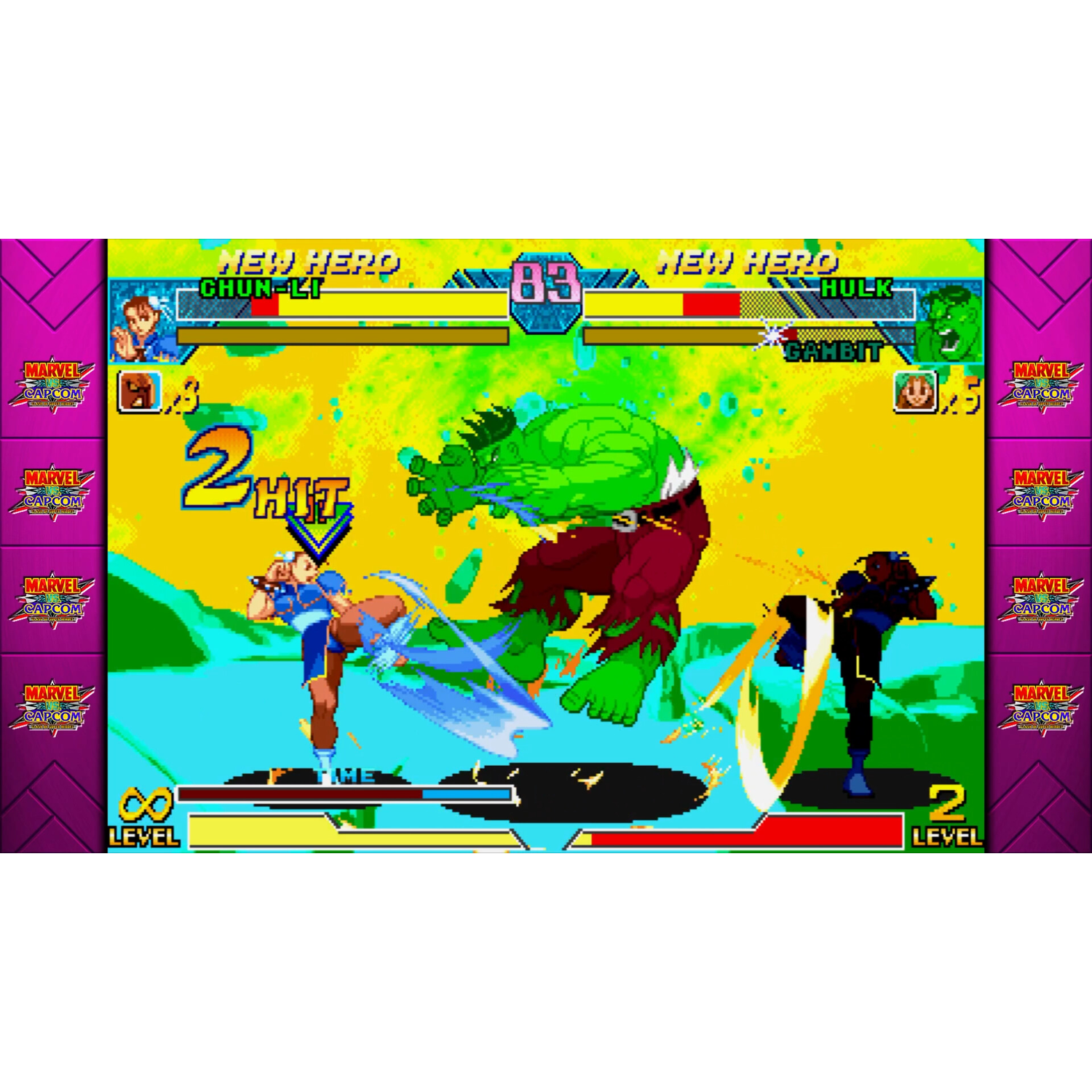 Een vechtspel-scherm met de personages Chun-Li, Hulk en een derde.