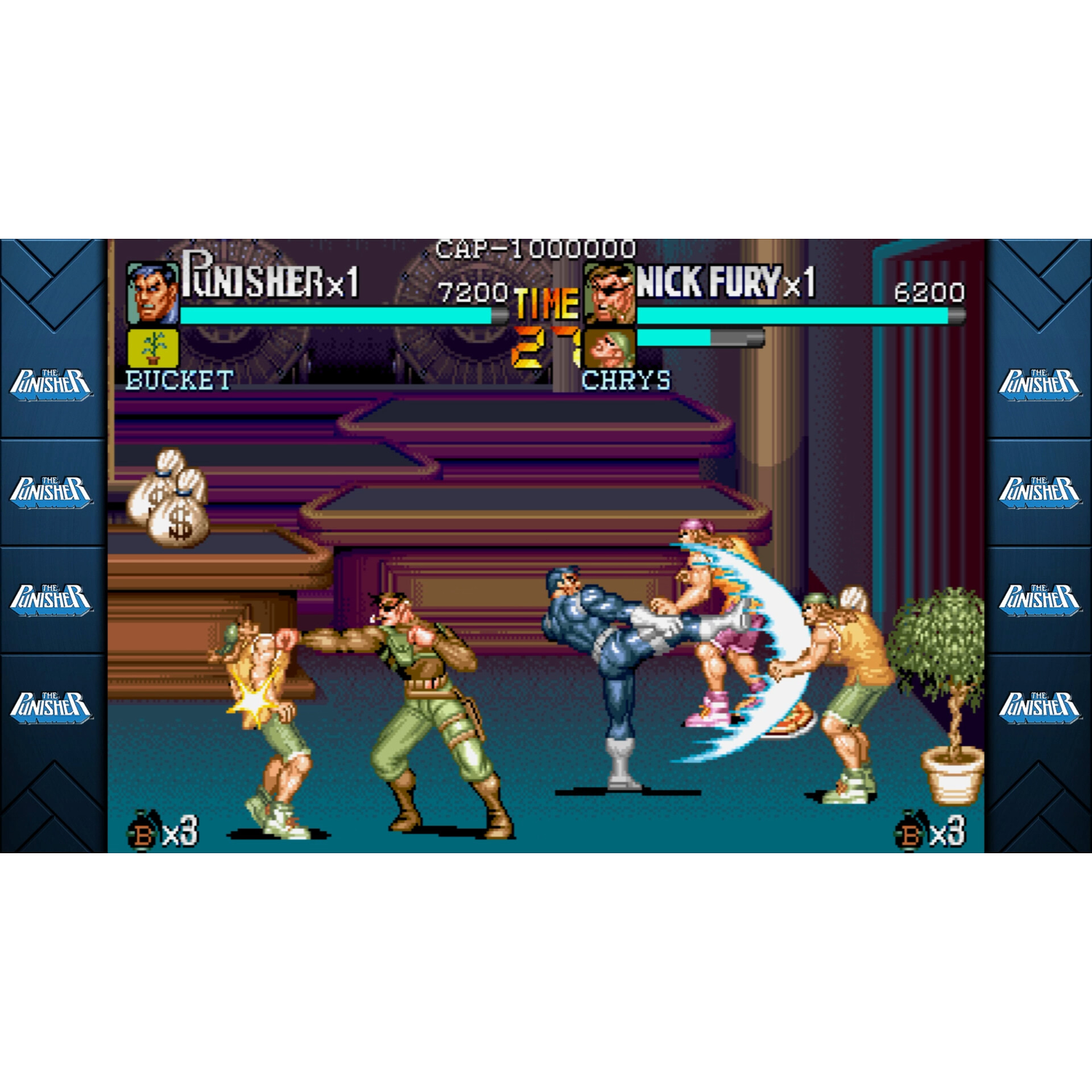 Een videogame scène met Punisher en Nick Fury die tegenstanders bevechten. Pixelgraphics.