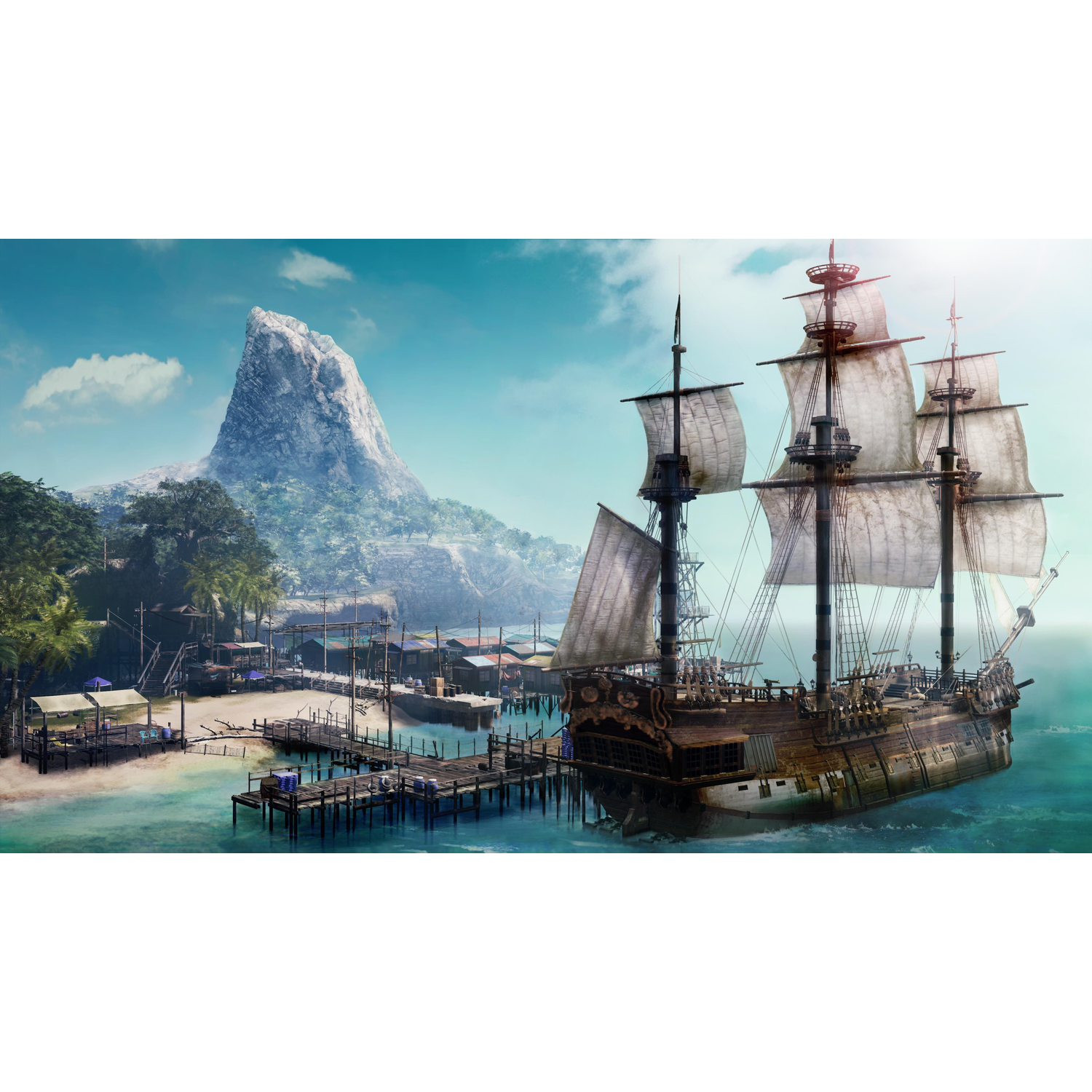 Een piratenschip dat langs een dok vaart in een tropische omgeving met een berg op de achtergrond.