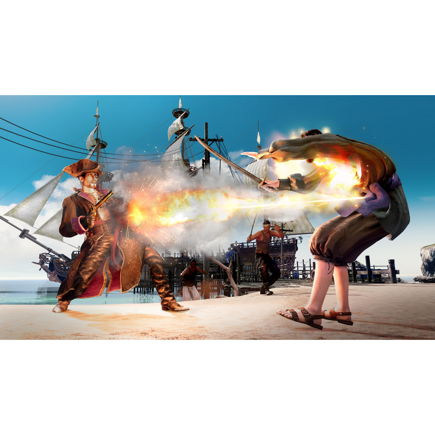 Piraten vechten op een strand met een schip op de achtergrond. Explosies zichtbaar.