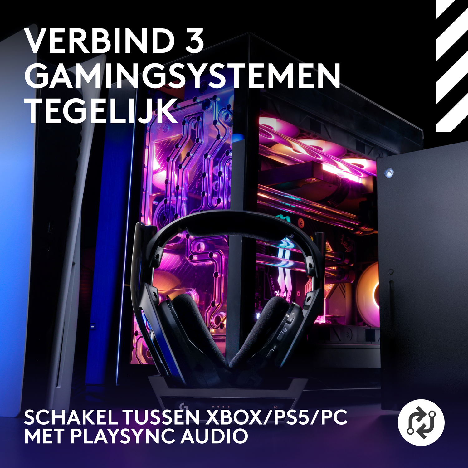 Gaming setup met een headset, pc en Xbox/PS5. Tekst: Verbind 3 gamesystemen tegelijk.