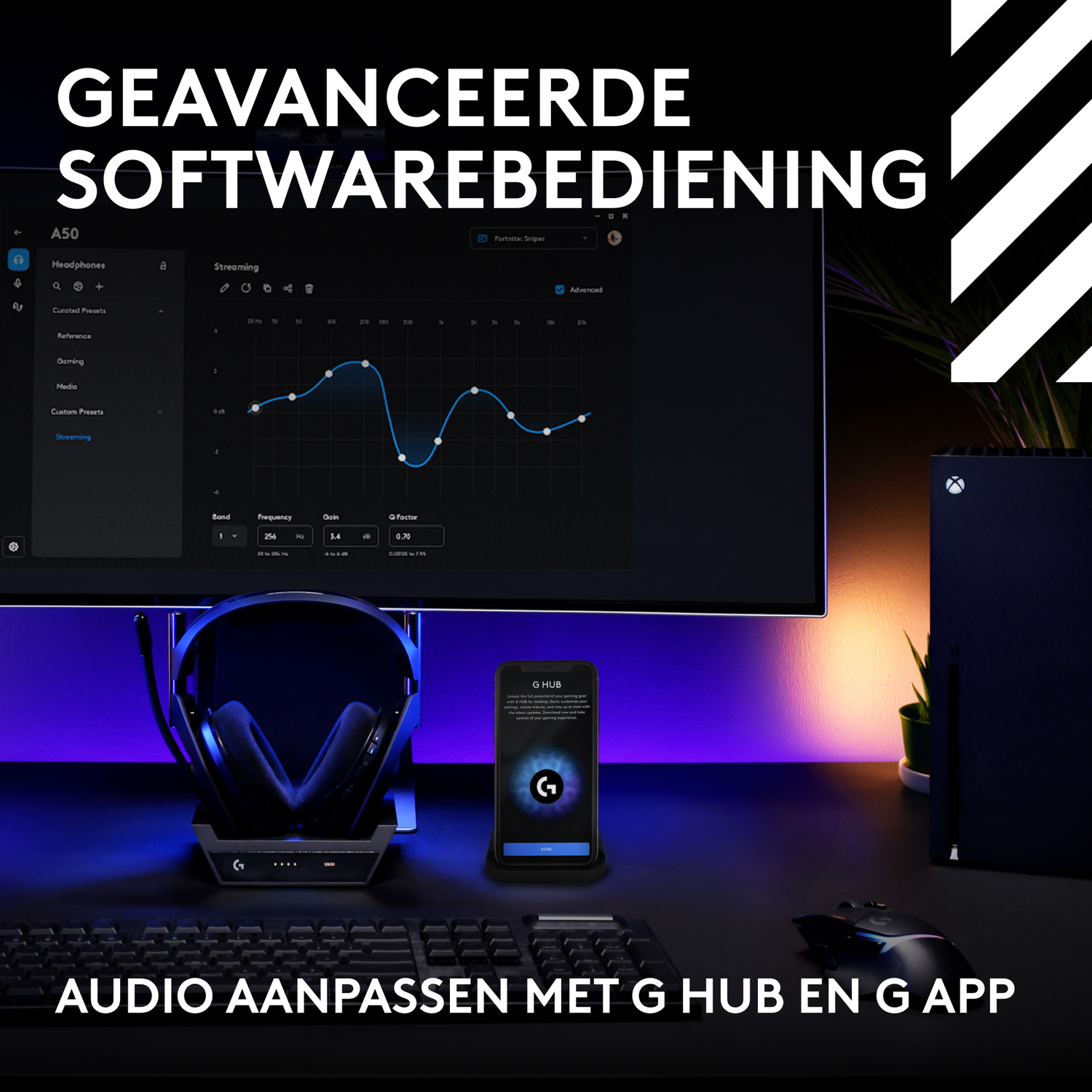 Scherm met software-interface, koptelefoon en G HUB op bureau, tekst: Audio aanpassen.