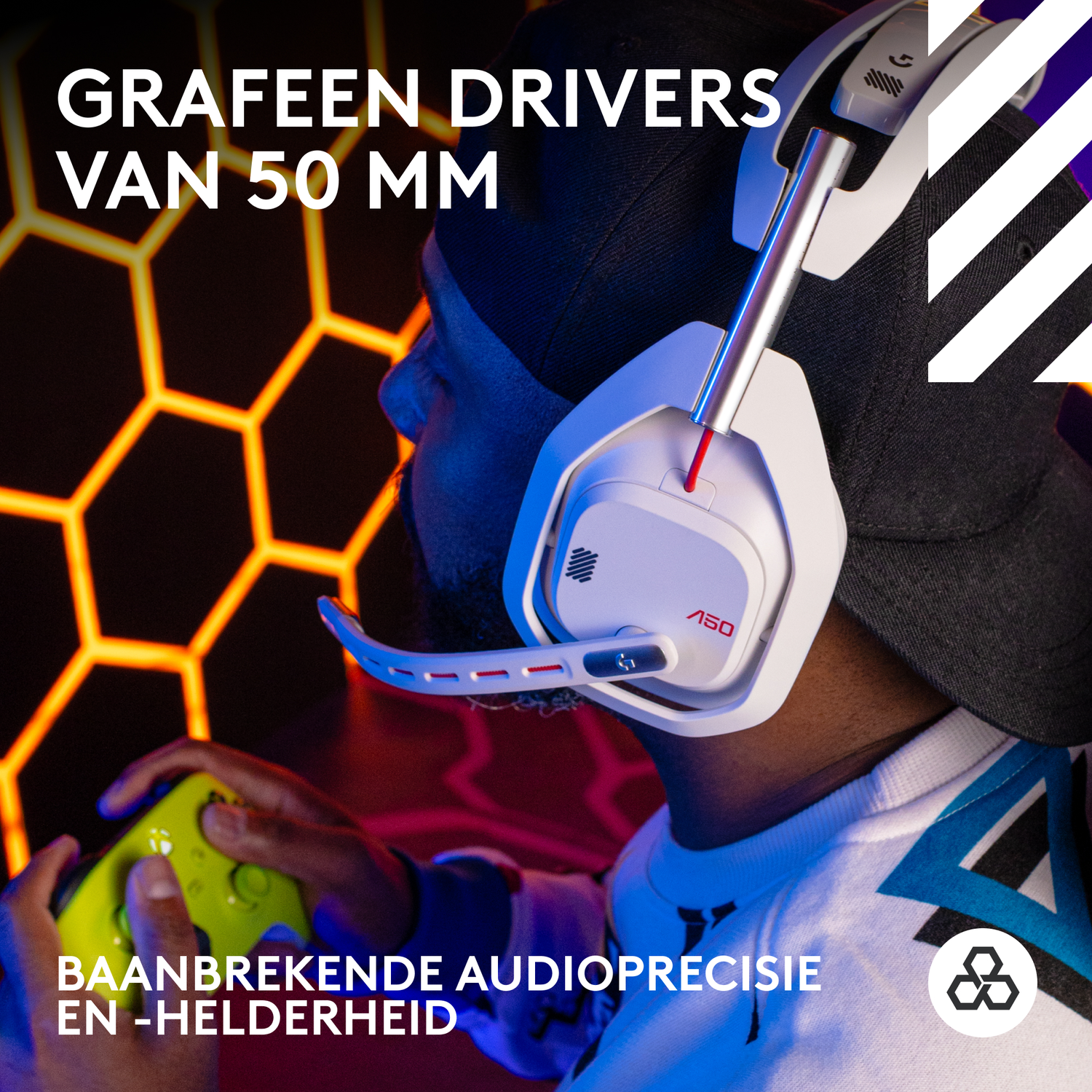 Witte headset op een persoon met pet. De tekst bovenaan zegt: Grafeen Drivers Van 50 mm.