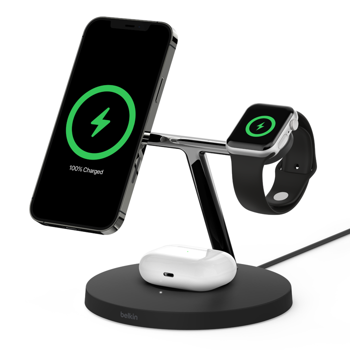 Telefon, saat ve kulaklıkların şarj olduğu şarj standı.