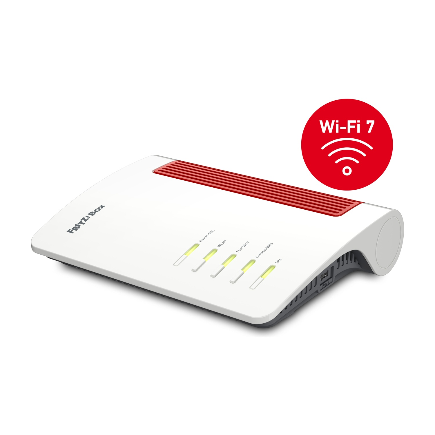 Router bianco e rosso con logo Wi-Fi 7.