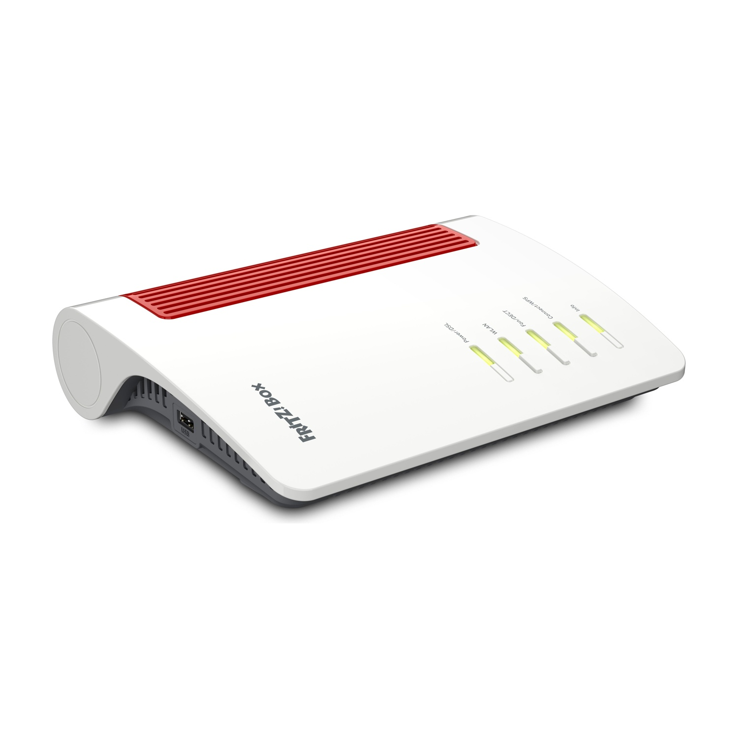 Router bianco e rosso su una superficie bianca. Ha spie luminose e una griglia rossa in alto. Sfondo bianco.