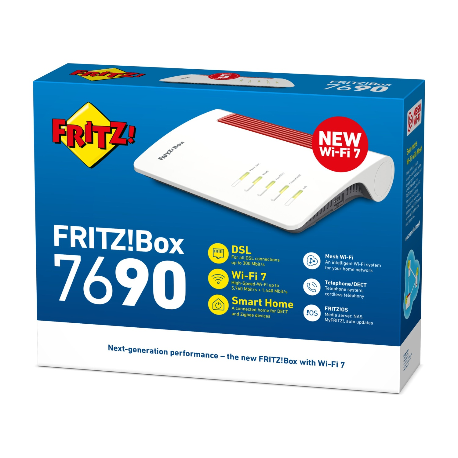 Una scatola di FRITZ!Box 7690, un router Wi-Fi 7, con varie icone e testo.