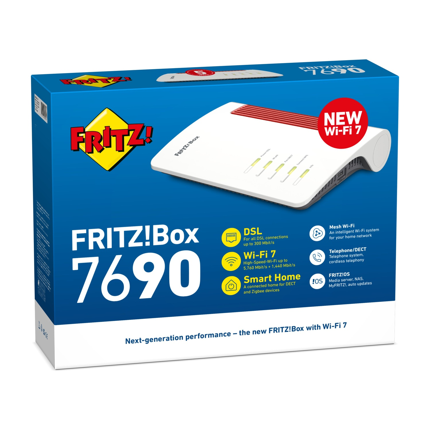 Scatola FRITZ!Box 7690. Router bianco visibile. La scatola dice 'New Wi-Fi 7', 'Wi-Fi 7', 'DSL' e 'Smart Home'.