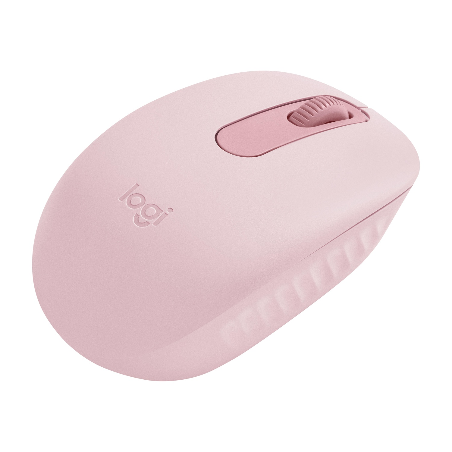 Un mouse Logitech rosa con una rotella di scorrimento, uno scatto del prodotto su sfondo bianco.