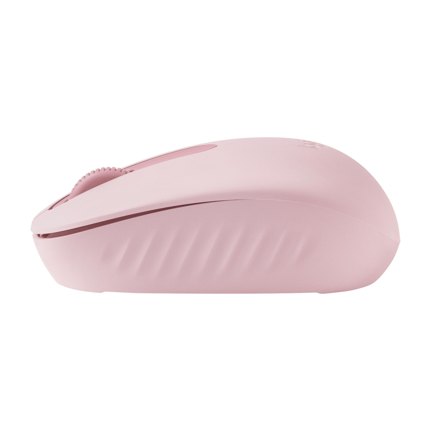 Un mouse wireless rosa con rotella di scorrimento e rientranze laterali.