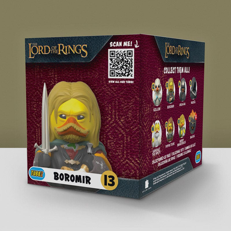 A Gyűrűk Ura TUBBZ doboz Boromir figurával. A doboz más gyűjthető figurákat mutat.