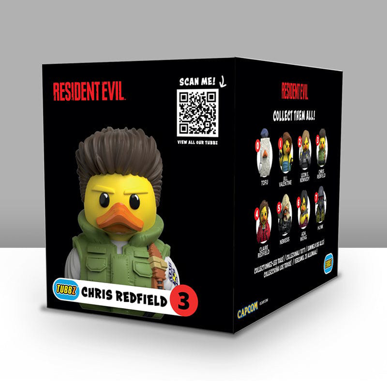 Egy doboz Chris Redfield kacsafigurával. A dobozon a Resident Evil logó található.