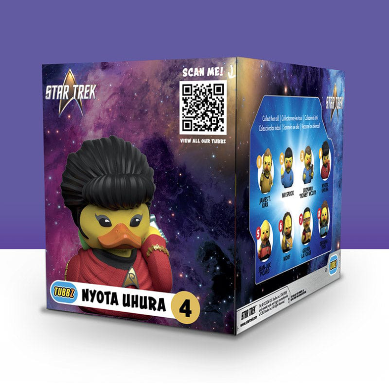 Star Trek témájú kacsa egy dobozban, karakterekkel.