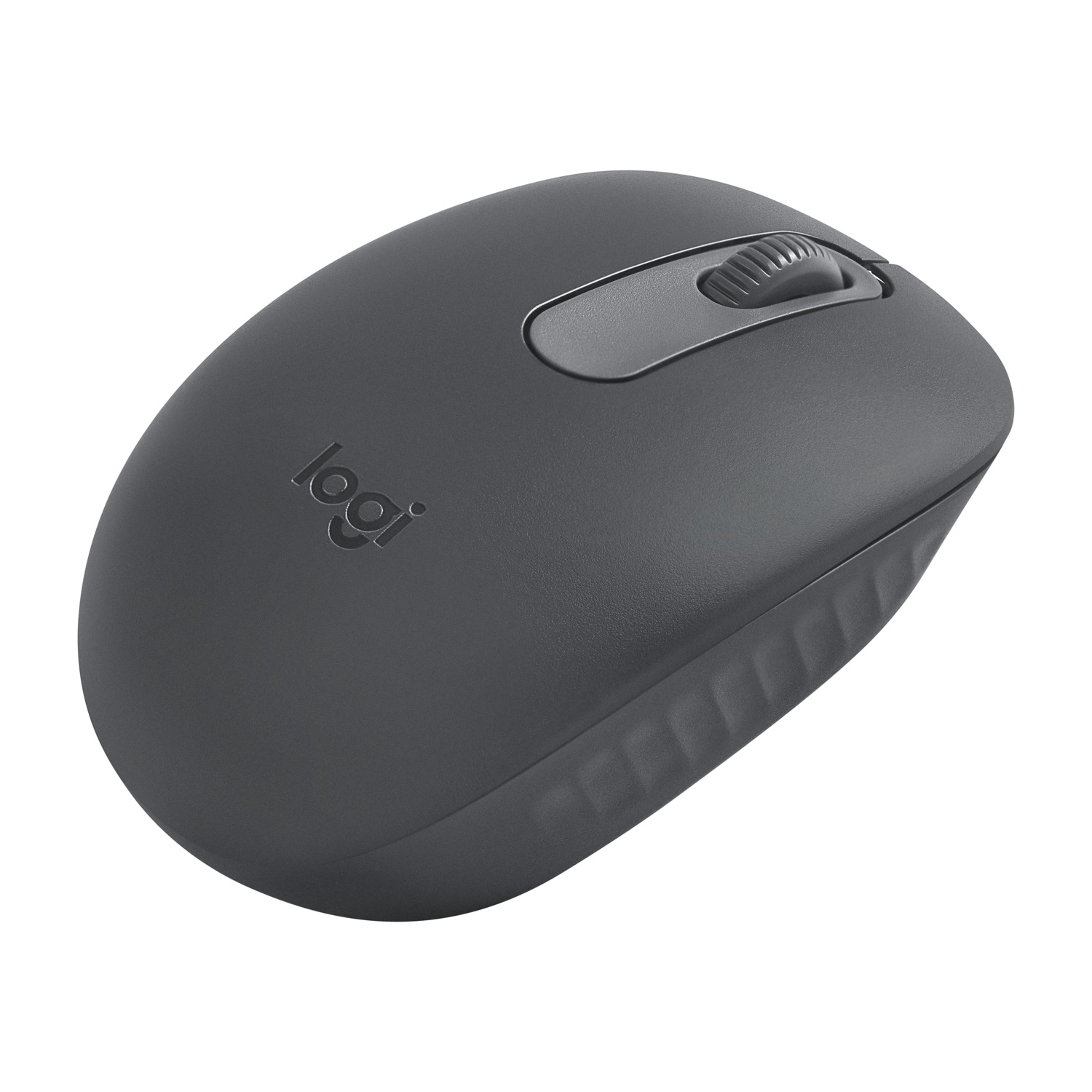 Mouse wireless Logitech grigio scuro con rotella di scorrimento sulla parte superiore.
