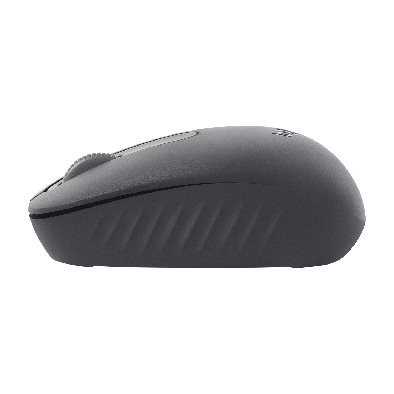 Mouse per computer grigio, vista laterale. Dispone di una rotella di scorrimento e di alcuni pulsanti. Sfondo bianco.