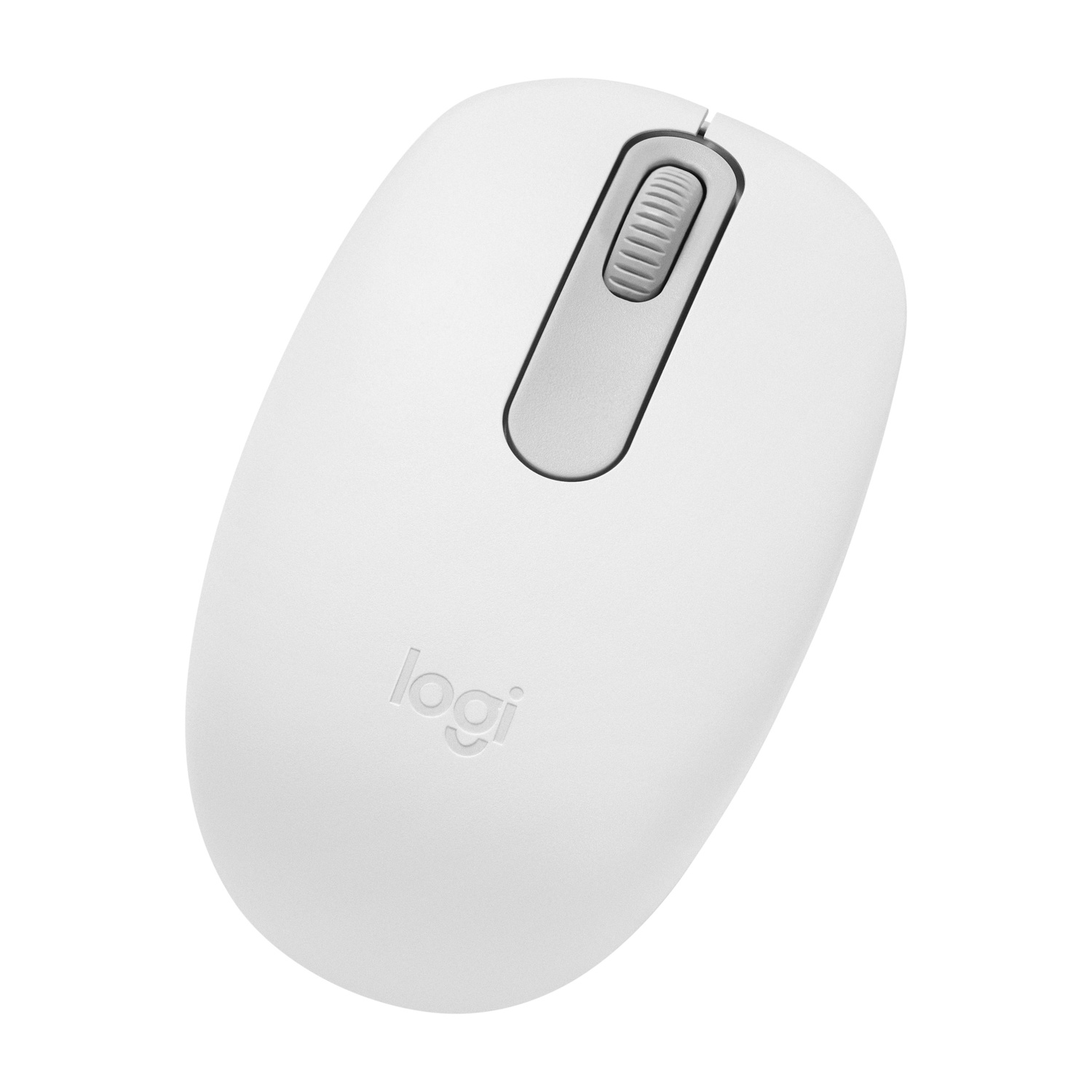 Mouse per computer bianco con rotella di scorrimento argentata. Logo Logi visibile.