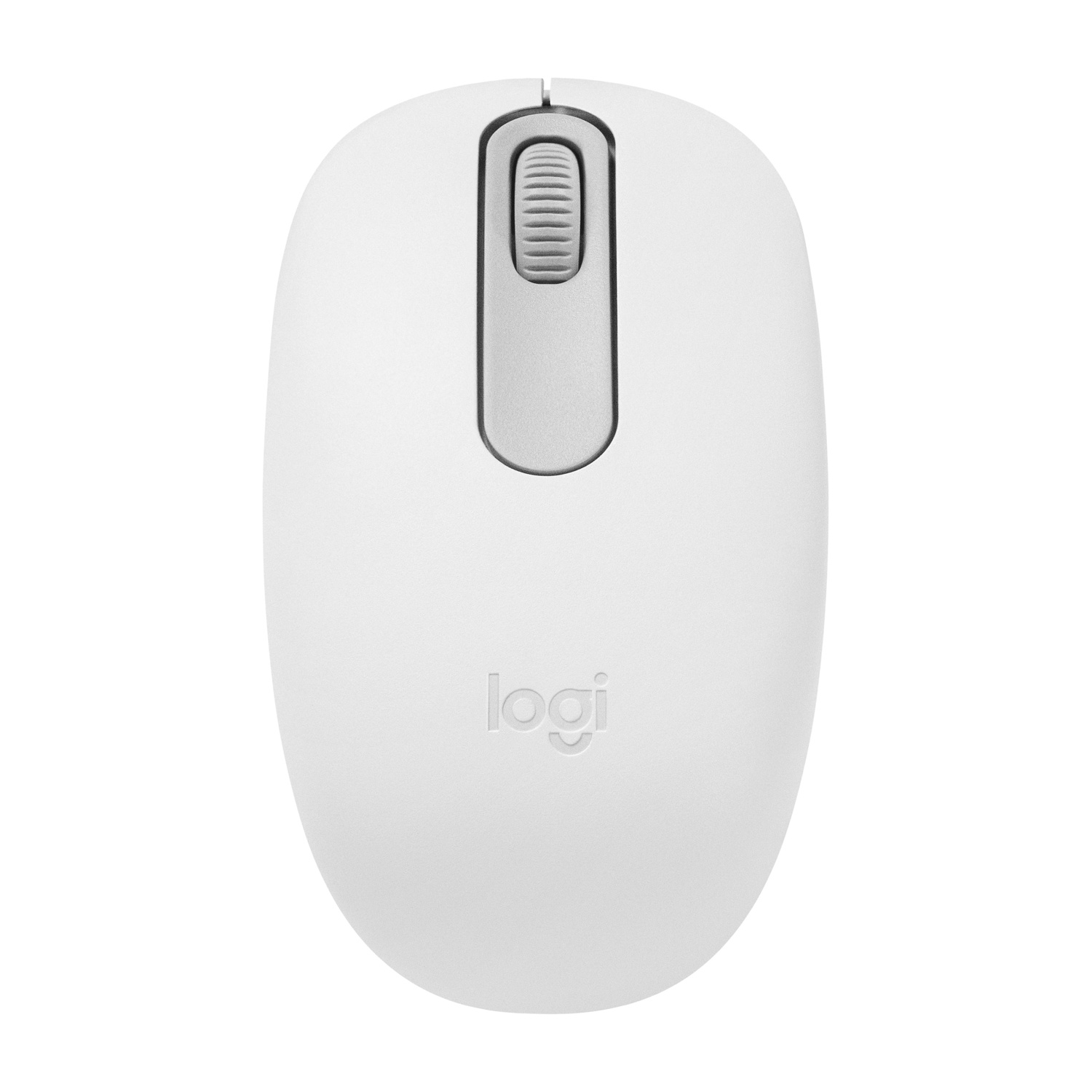 Un mouse per computer bianco con una rotella di scorrimento grigia e il logo Logitech.