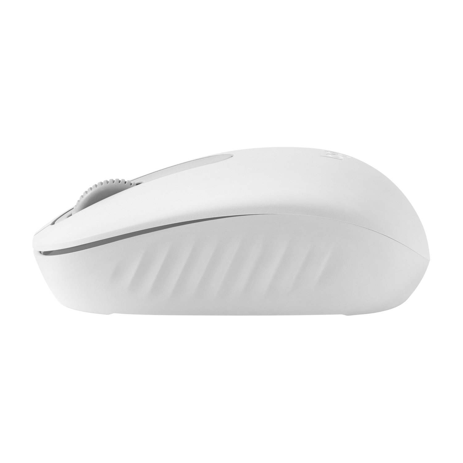 Un mouse per computer bianco con rotella di scorrimento e un design curvo. Il mouse è isolato.