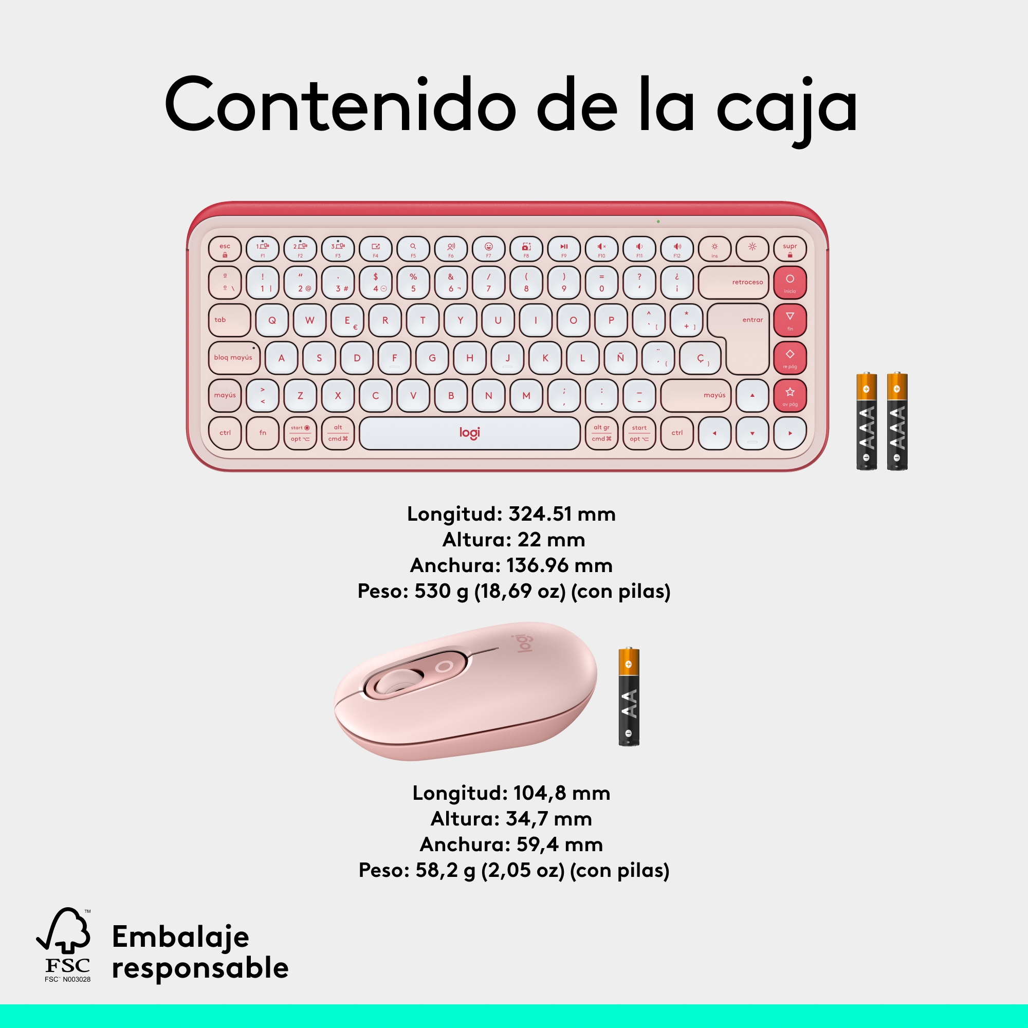 Conjunto de teclado y ratón rosa con dimensiones e información de batería. Texto en español.