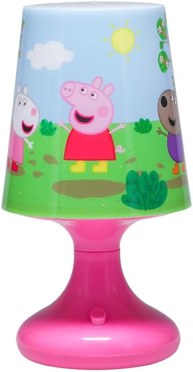 Peppa malac lámpa Peppa és barátaival az árnyékolón, rózsaszín alappal és kék háttérrel.