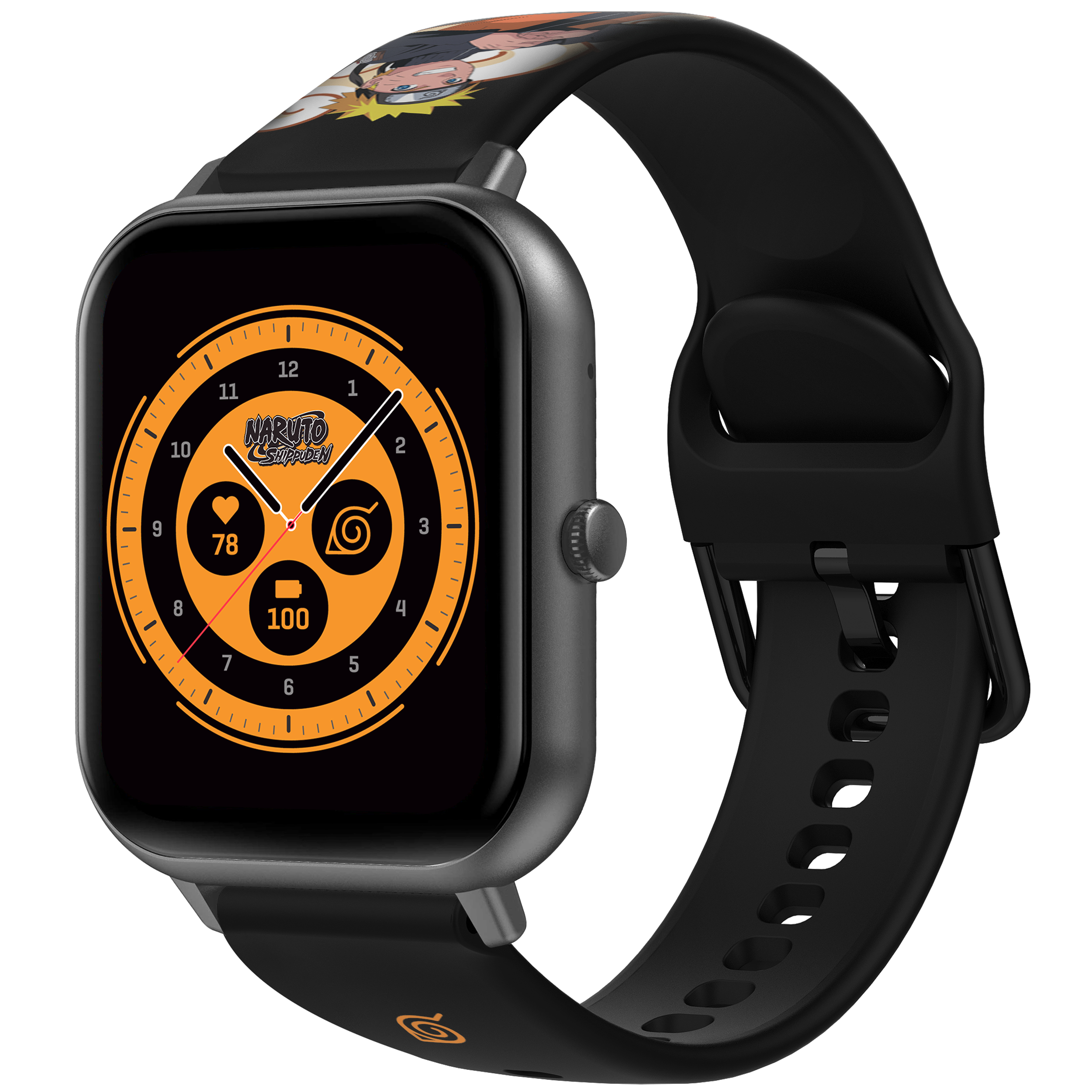 Smartwatch mit Naruto-Design auf dem Bildschirm und Armband. Zeigt Zeit, Herzfrequenz und Prozentsatz an.