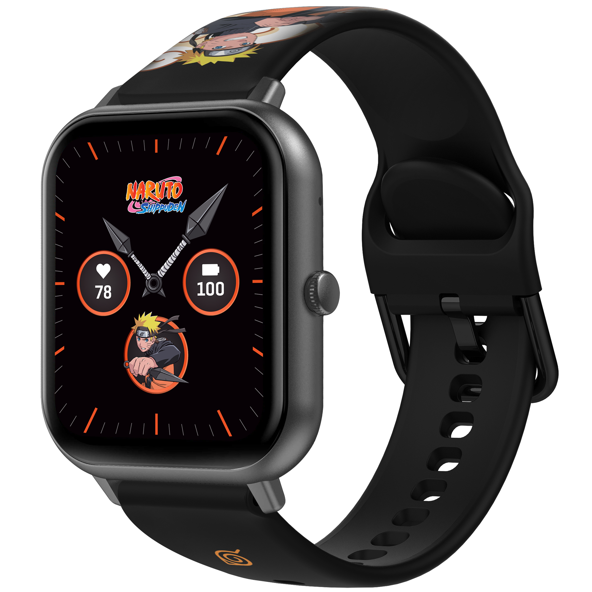 Eine schwarze Smartwatch mit Naruto-Design auf dem Bildschirm und Armband, Herzfrequenz und Akku.