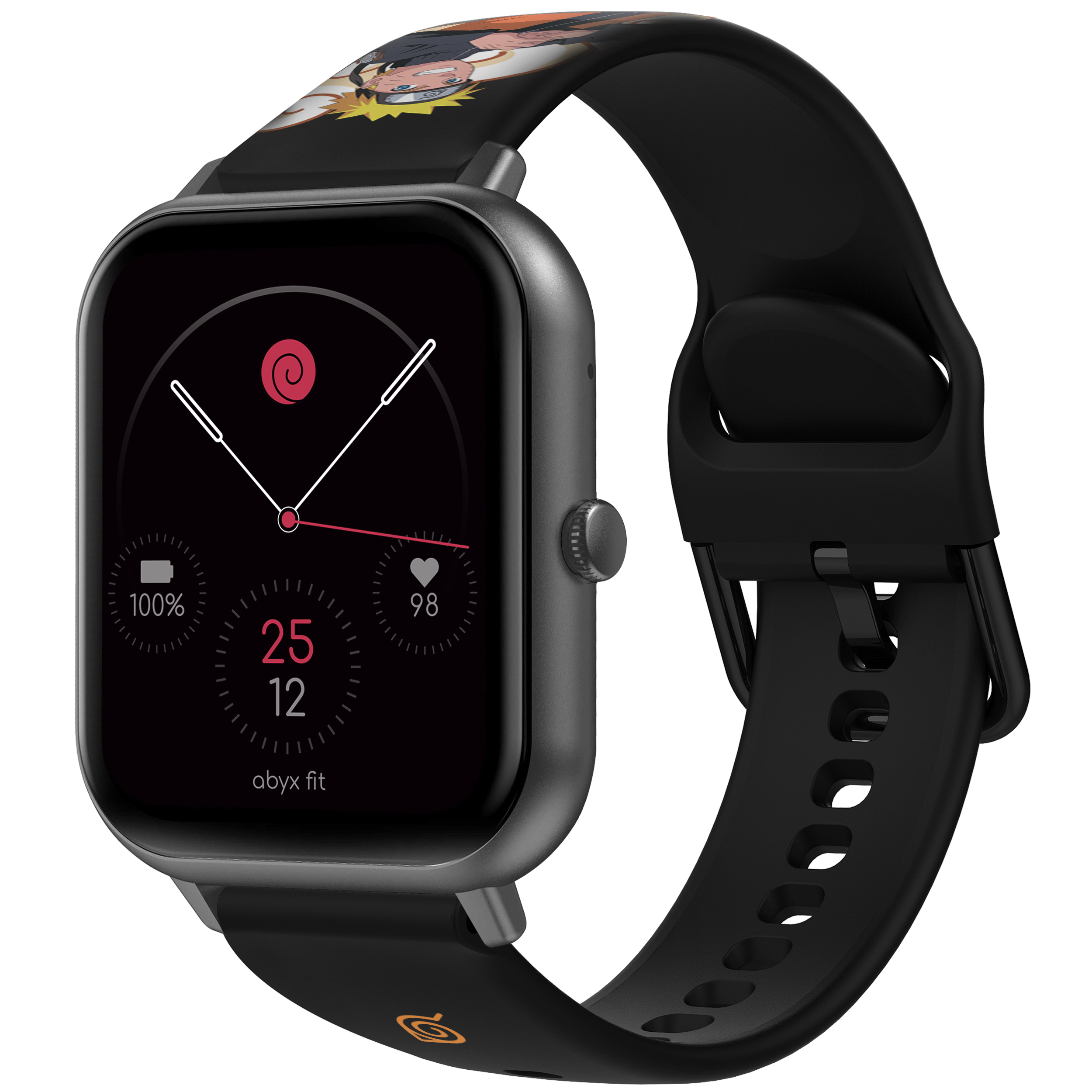 Smartwatch mit schwarzem Armband und Bildschirm mit Uhrzeit, Prozentsatz und Cartoonfigur.