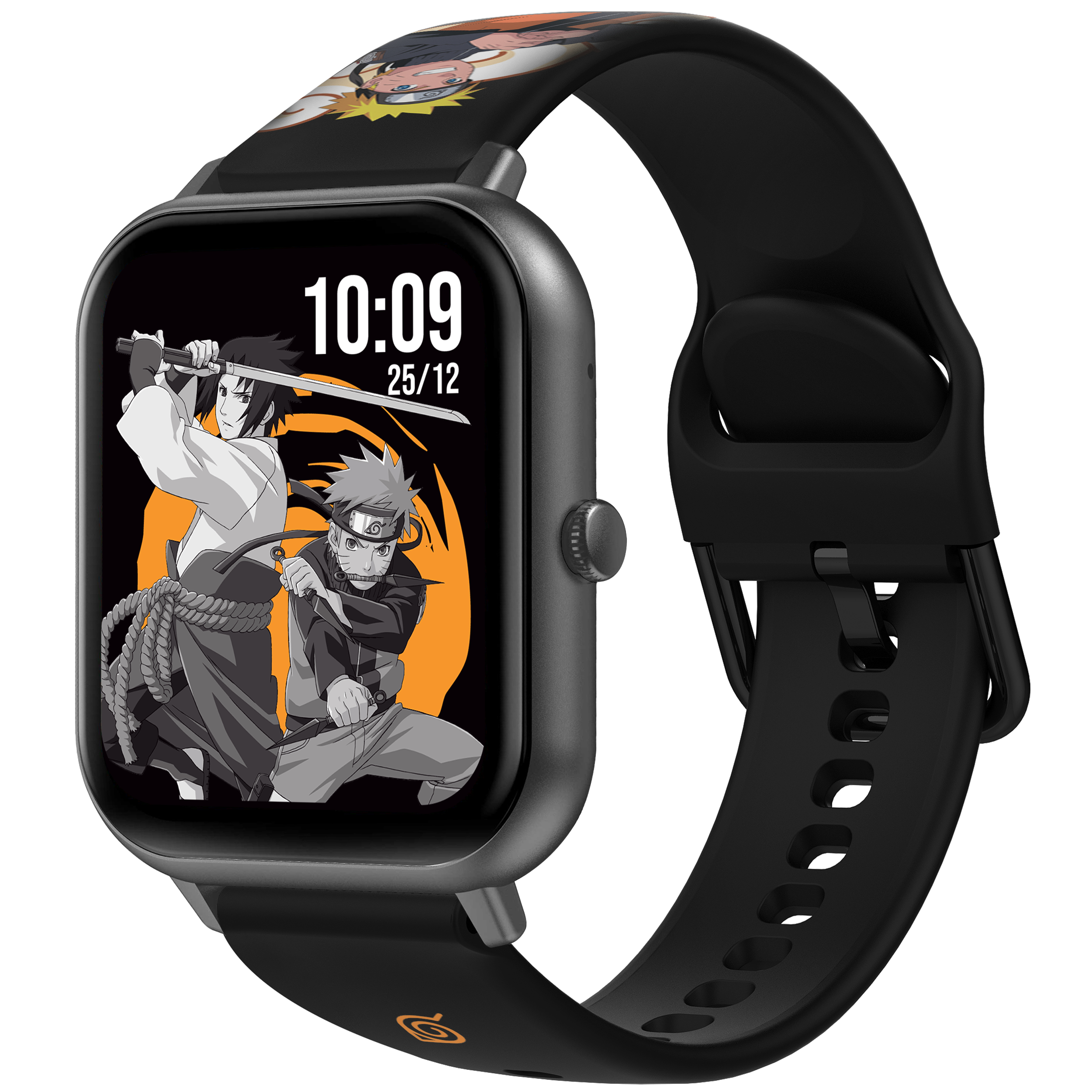 Eine Smartwatch mit Naruto- und Sasuke-Anzeige, mit schwarzem Armband.