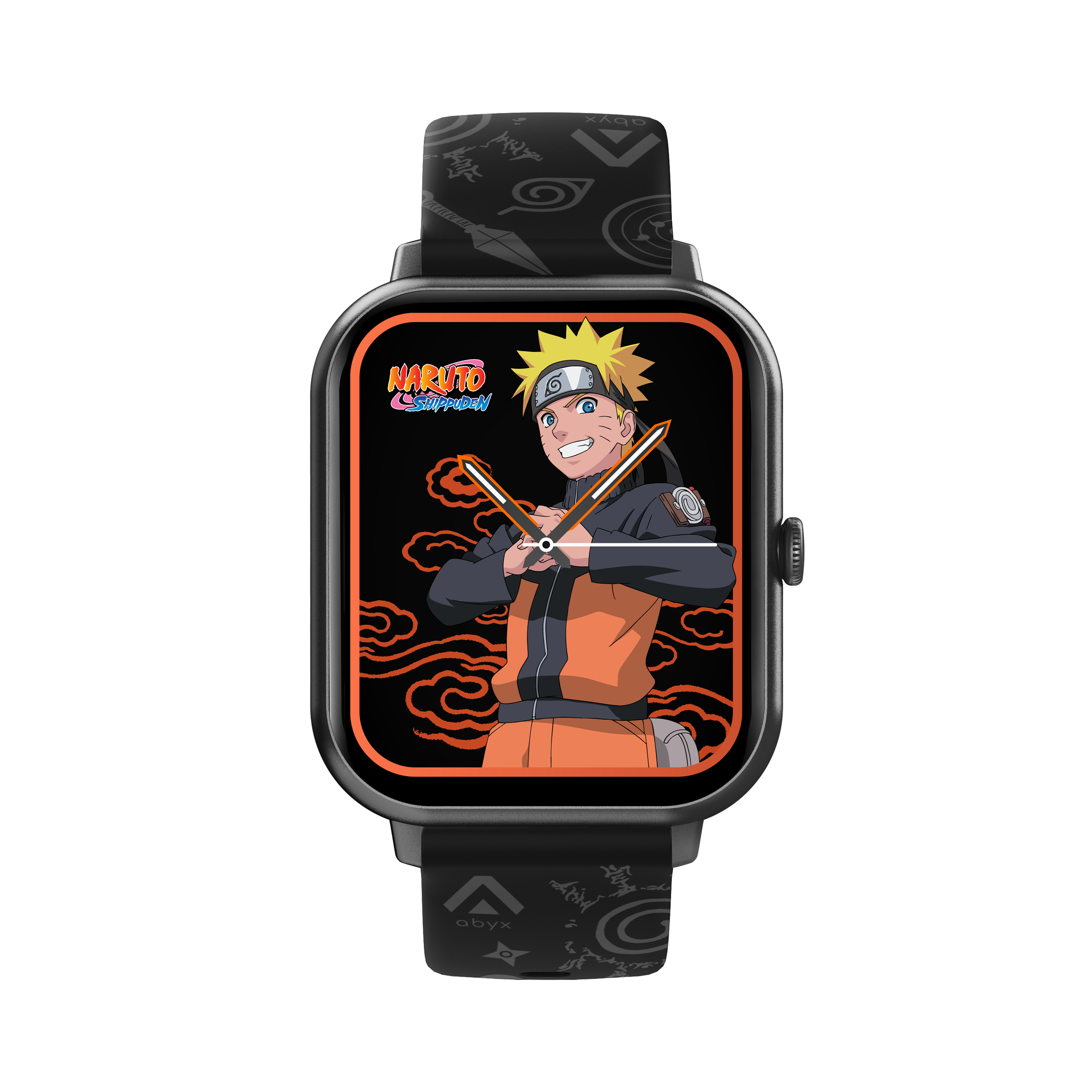 Eine Smartwatch mit Naruto auf dem Display, in einer orange-schwarzen Oberfläche.