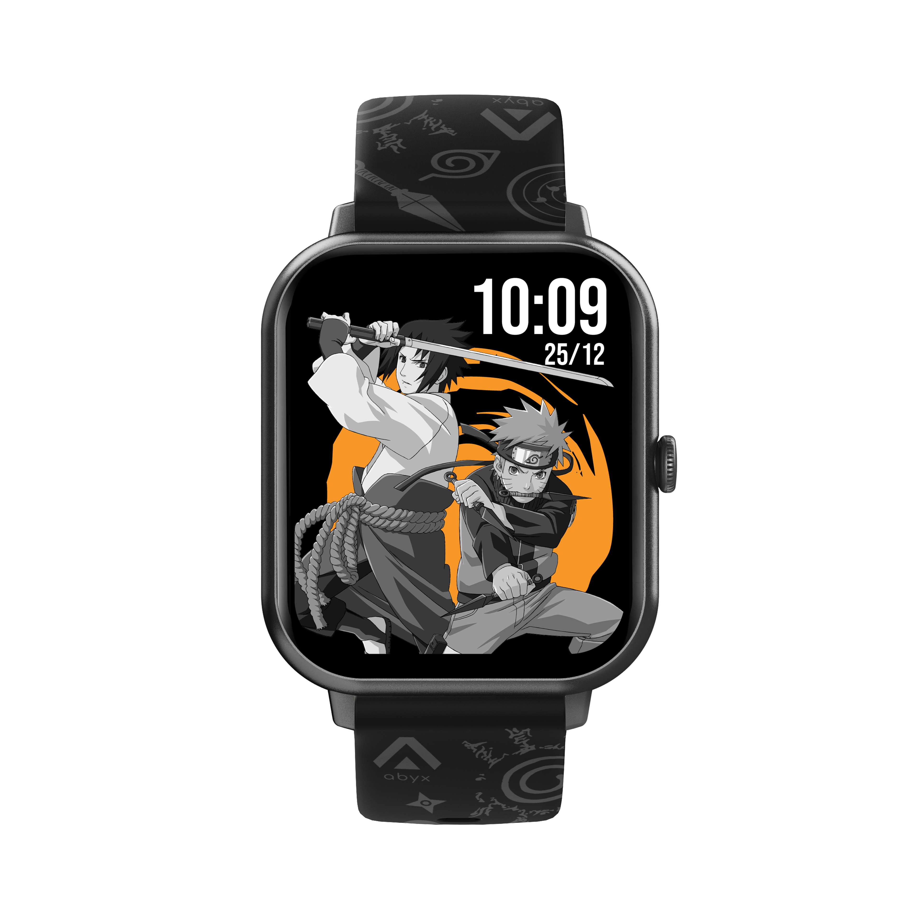 Schwarze Smartwatch mit Anime-Charakteren auf dem Bildschirm. Schwarzes Band mit Symbolen. Weißer Hintergrund.