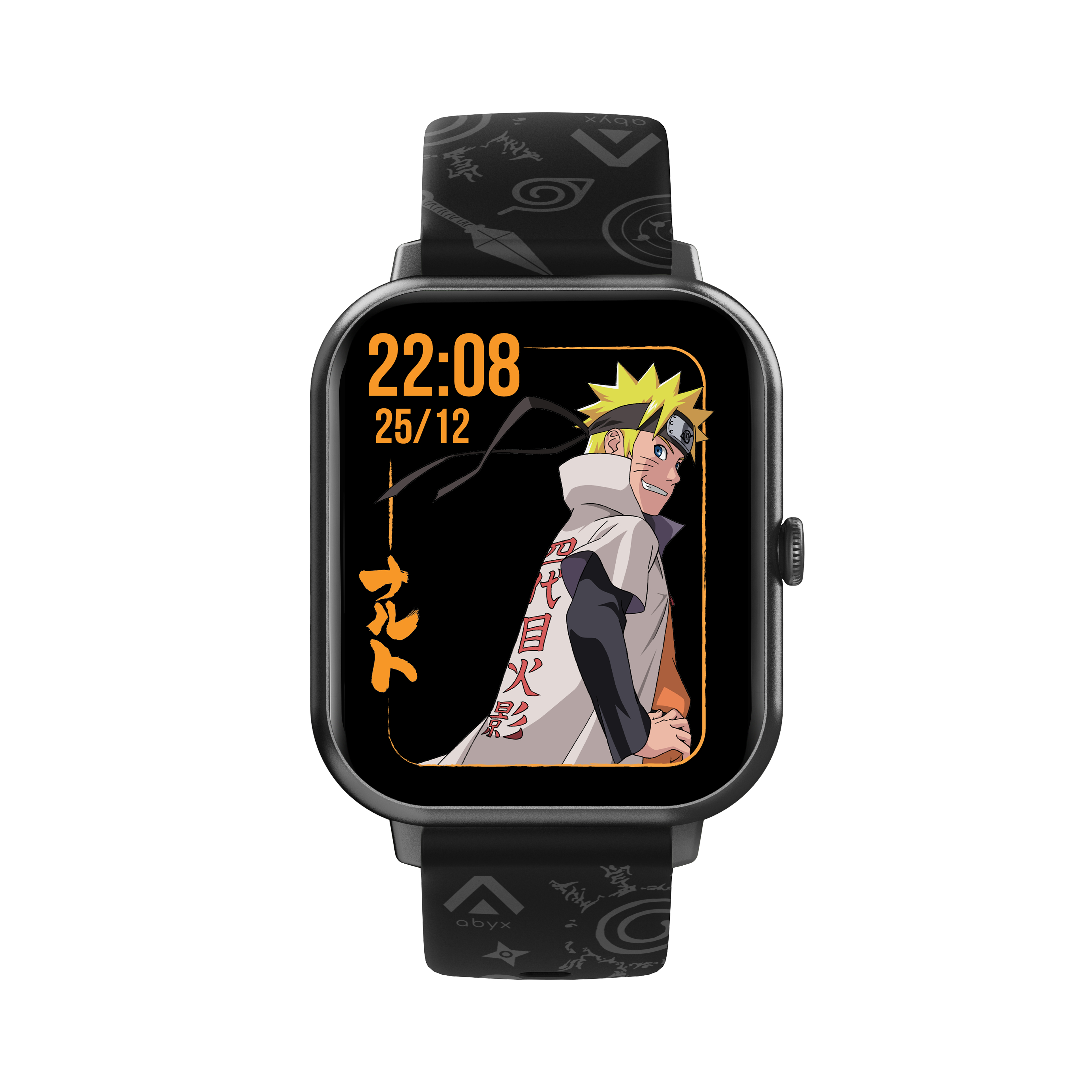 Naruto-Uhr mit Naruto auf dem Bildschirm, schwarzes Armband mit Symbolen, schwarzes Gehäuse.