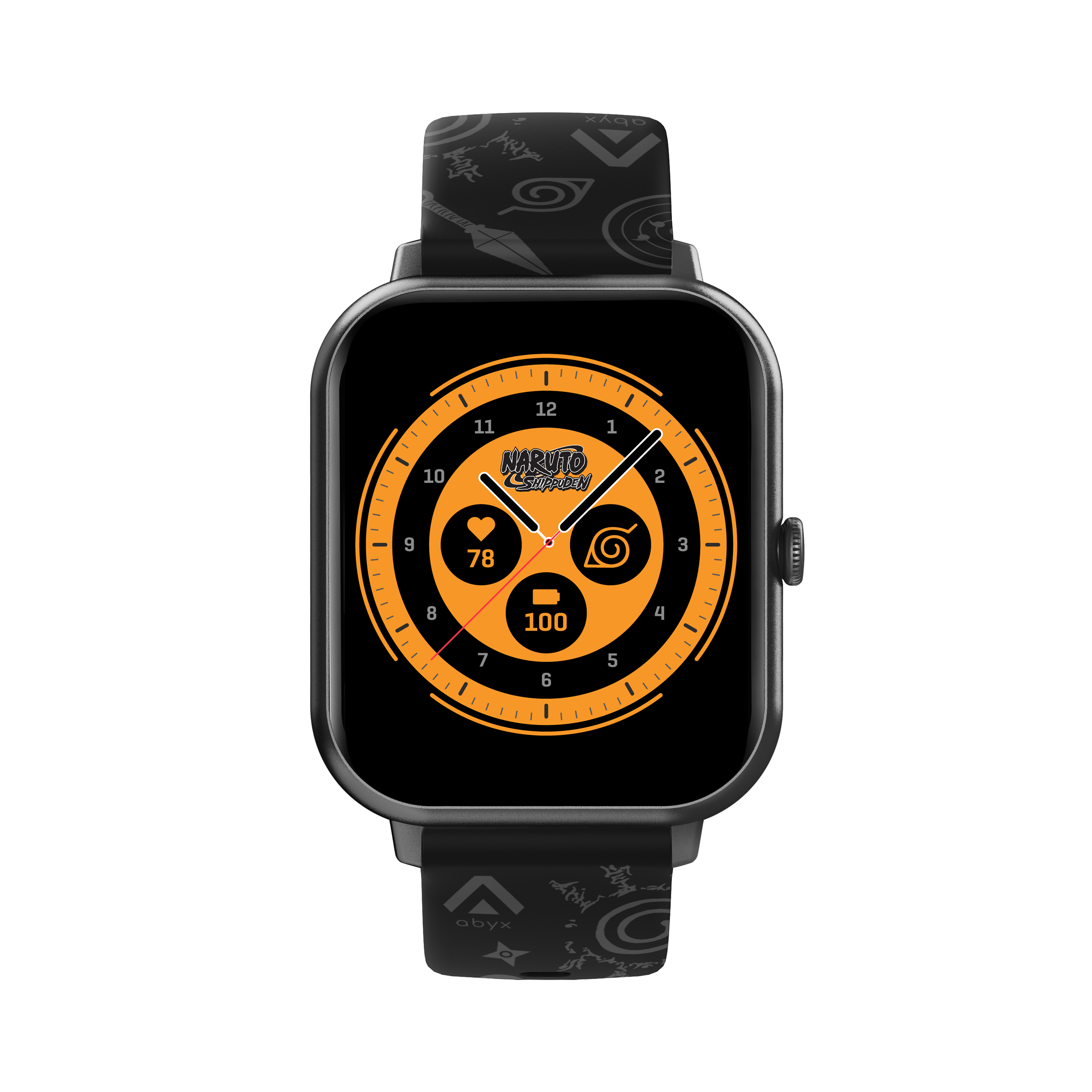 Smartwatch mit schwarzem Gehäuse und Armband, orangefarbenem Display und Naruto-Branding.