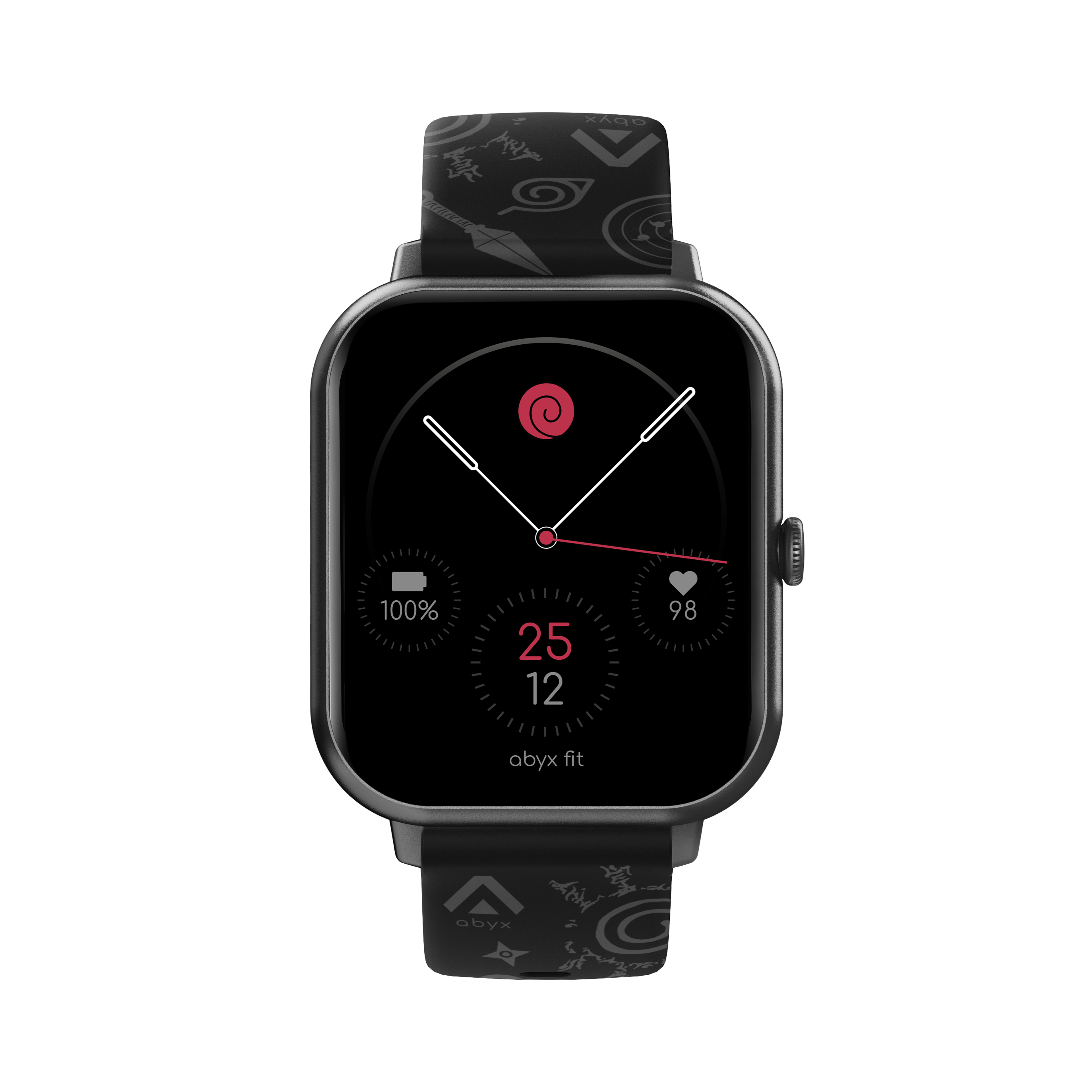 Smartwatch mit schwarzem Armband, das die Uhrzeit und Gesundheitsmetriken anzeigt.