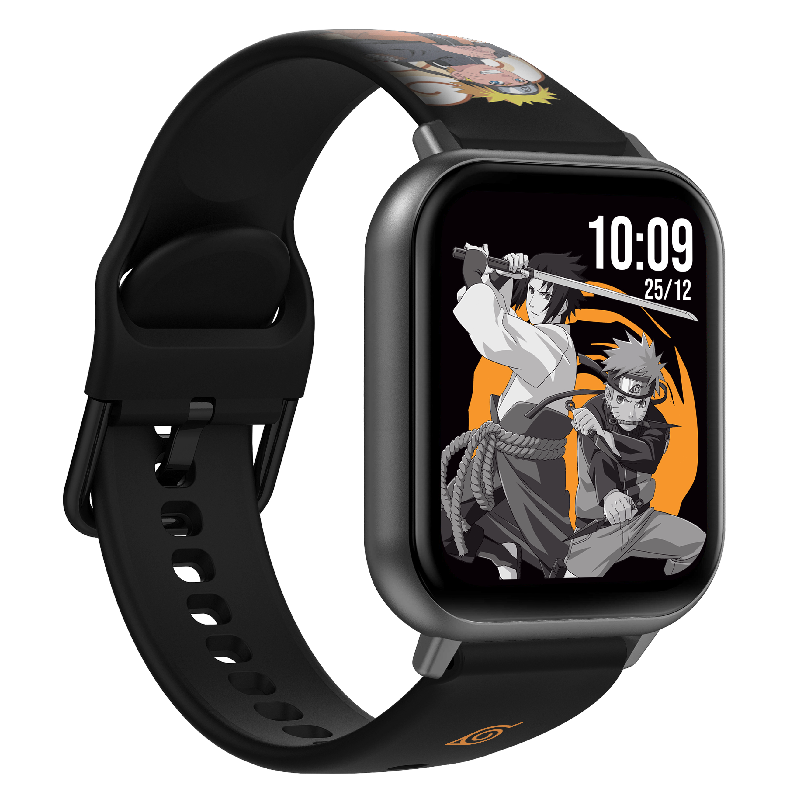 Eine Smartwatch mit schwarzem Armband, die Anime-Charaktere auf dem Bildschirm zeigt.
