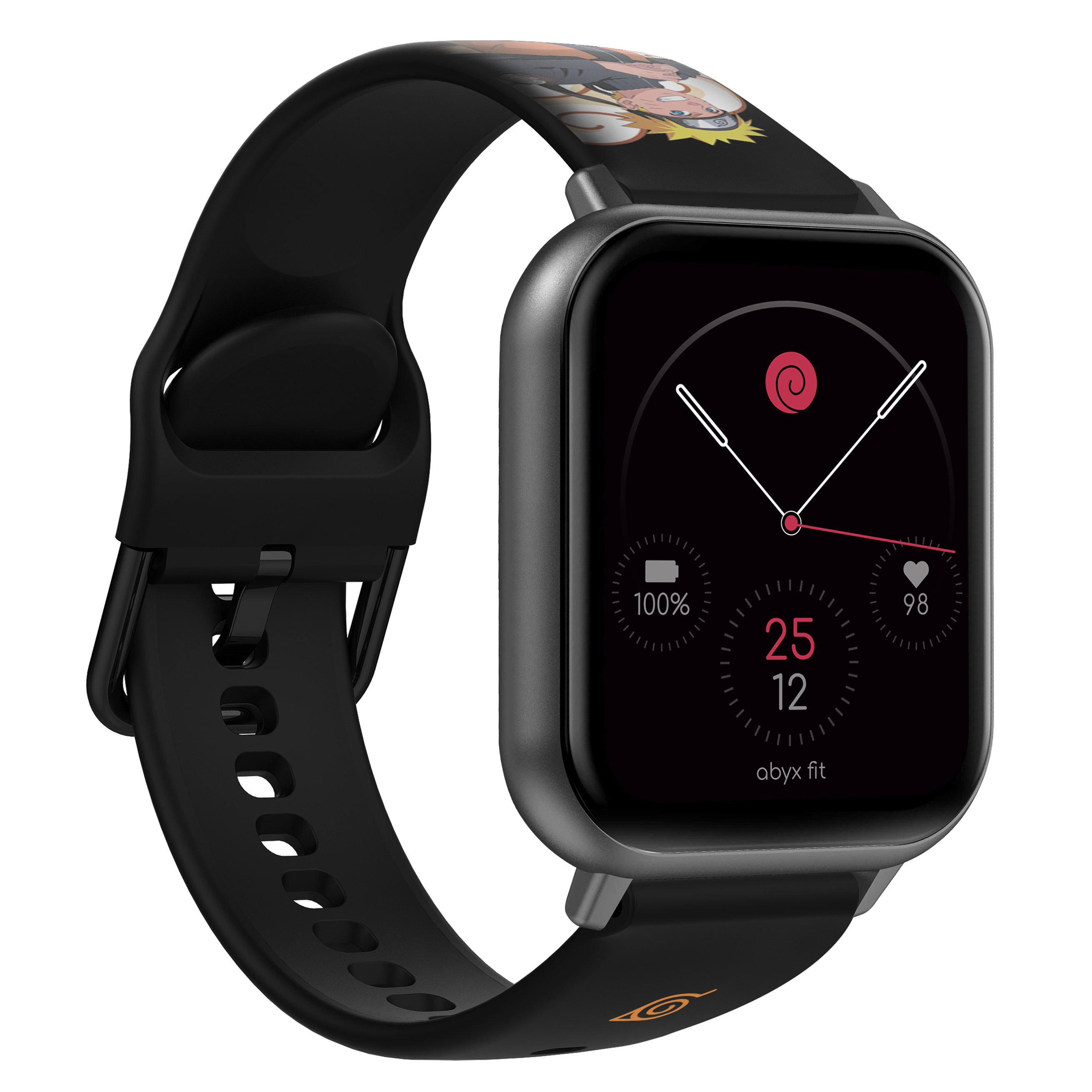 Schwarze Smartwatch mit Naruto-Motiv am Armband, die Uhrzeit und ein Spiral-Symbol auf dem Bildschirm anzeigt.