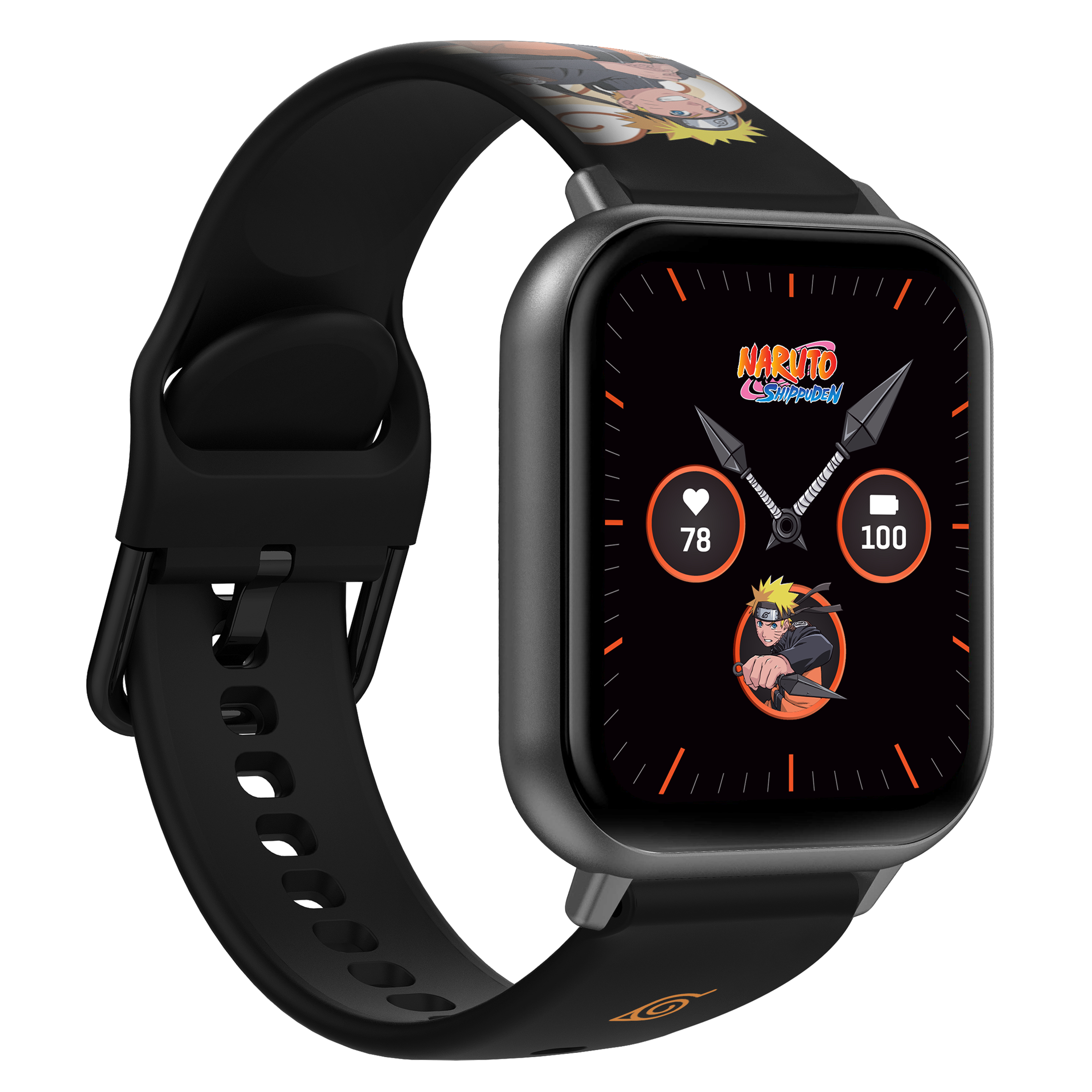 Smartwatch mit Naruto-Grafik auf Armband und Bildschirm. Orange und Schwarz.