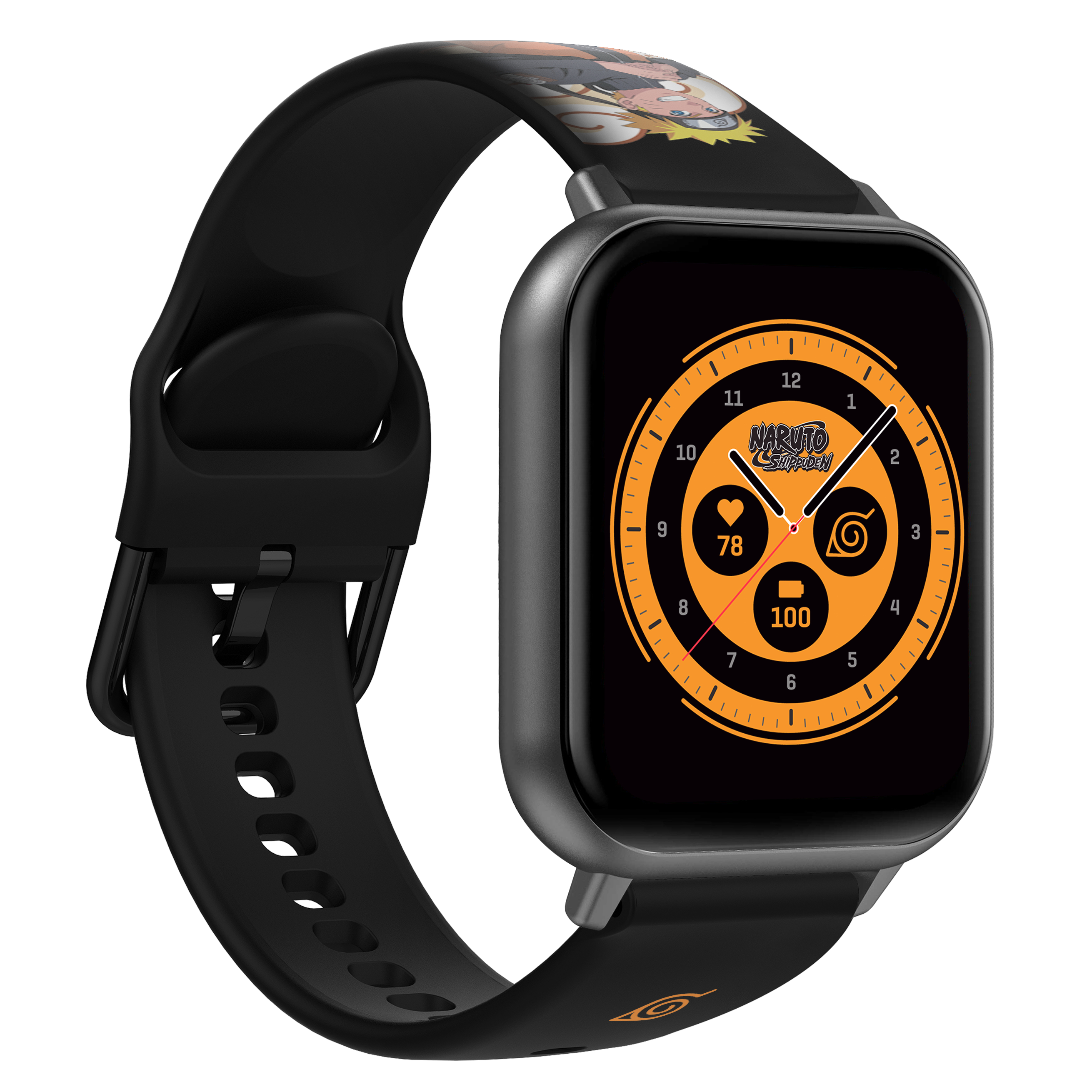 Eine Naruto-Smartwatch mit schwarzem Armband, die Herzfrequenz und Zeit anzeigt.