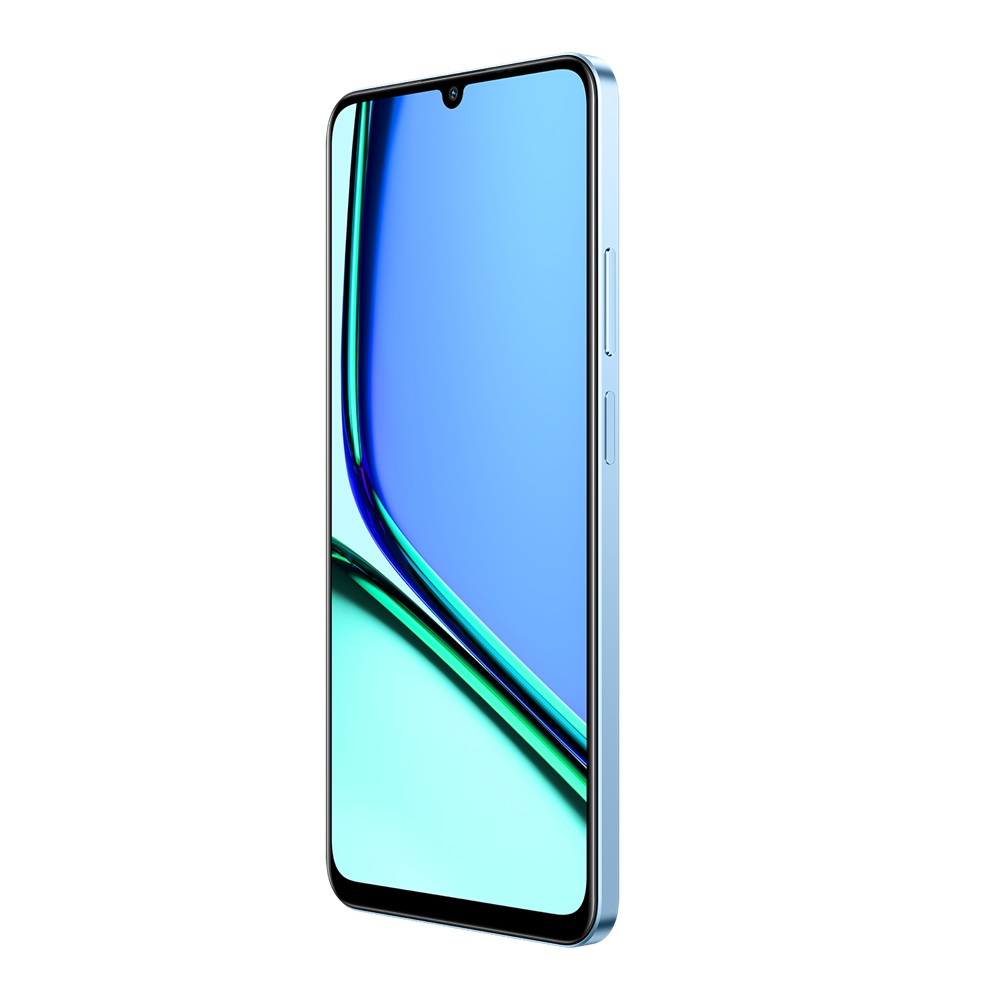 Açık mavi bir akıllı telefon, beyaz bir arka plan üzerinde yandan görülüyor.