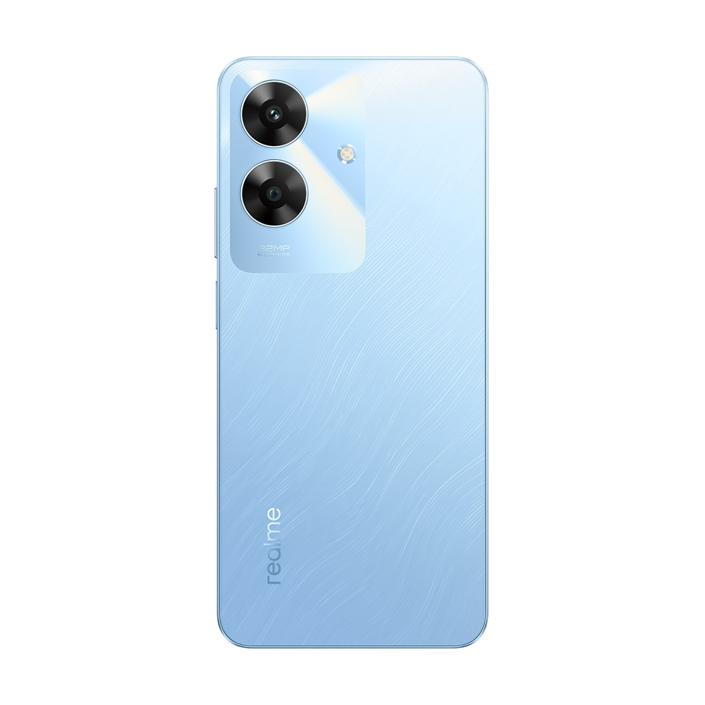 Mavi akıllı telefonun arka görünümü. İki kamerası ve bir flaşı var. Realme logosu görünür.