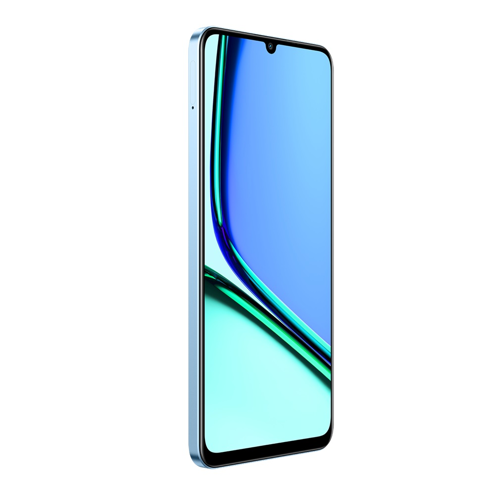 Beyaz bir arka planın önünde büyük bir ekranı olan açık mavi bir telefon. Yan görünüm.