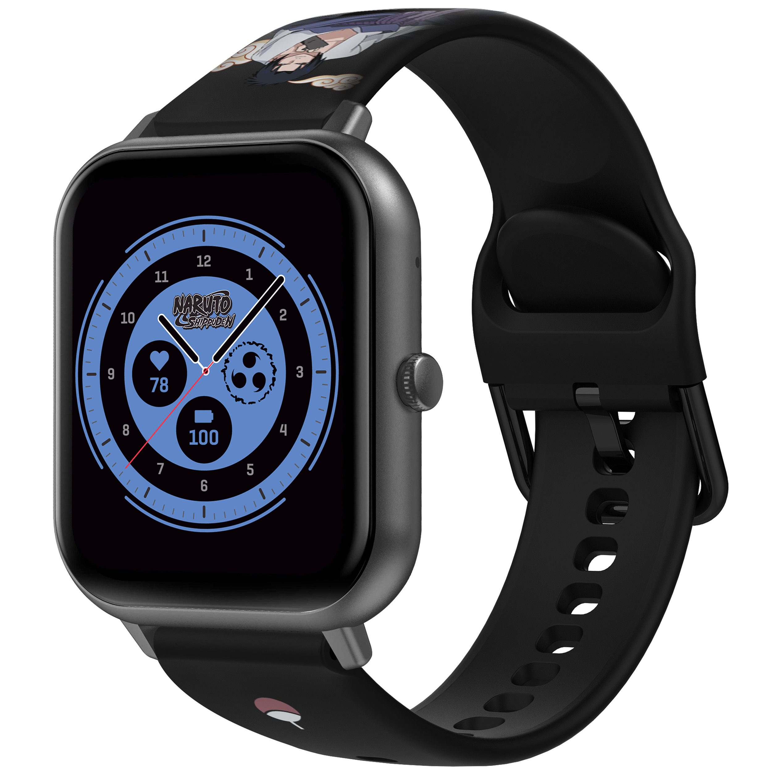 Eine schwarze Smartwatch mit Naruto-Thema, die Herzfrequenz, Zeit und Logo auf dem Bildschirm anzeigt.