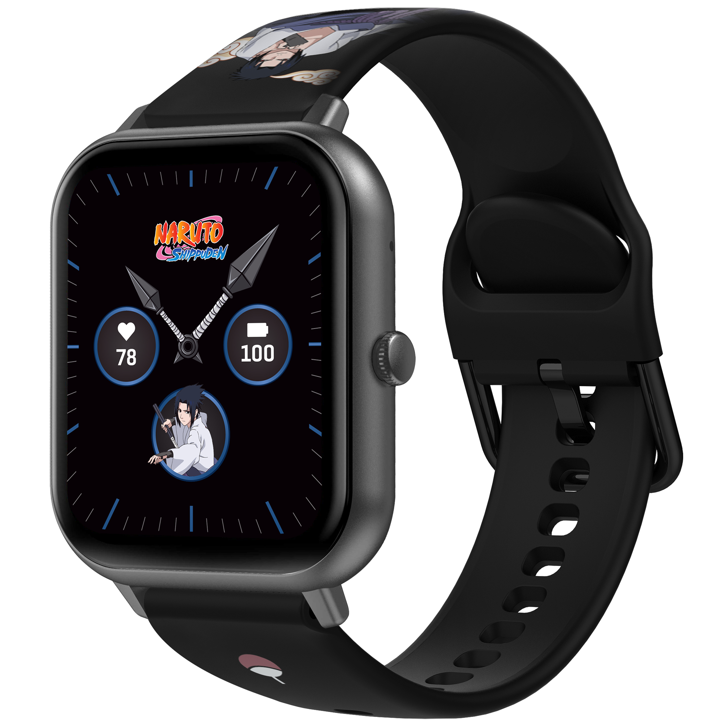 Smartwatch mit Naruto-Design auf dem Zifferblatt und Armband. Zeigt Gesundheitsstatistiken.