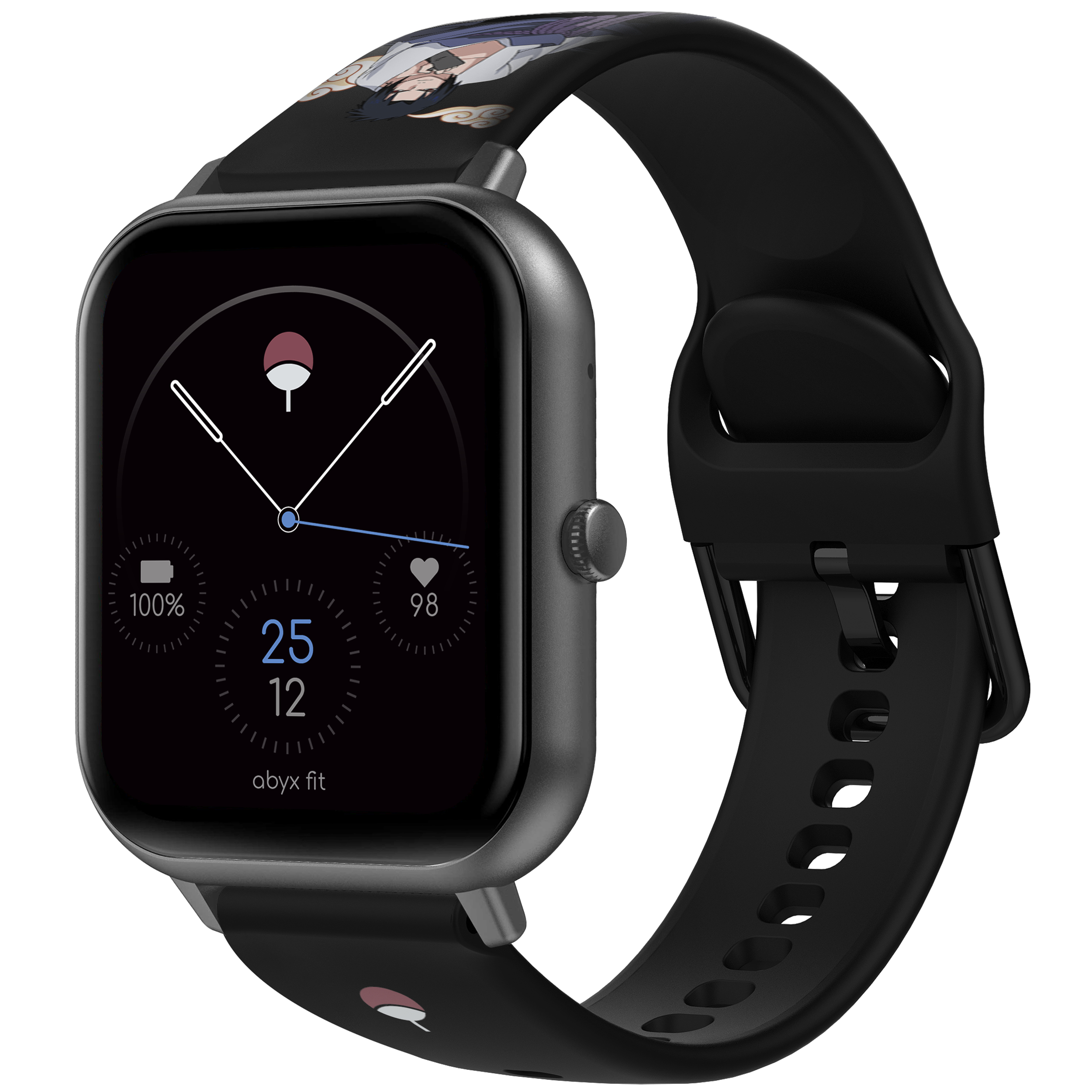 Smartwatch mit schwarzem Armband, zeigt ein Zifferblatt mit Charakterthema.