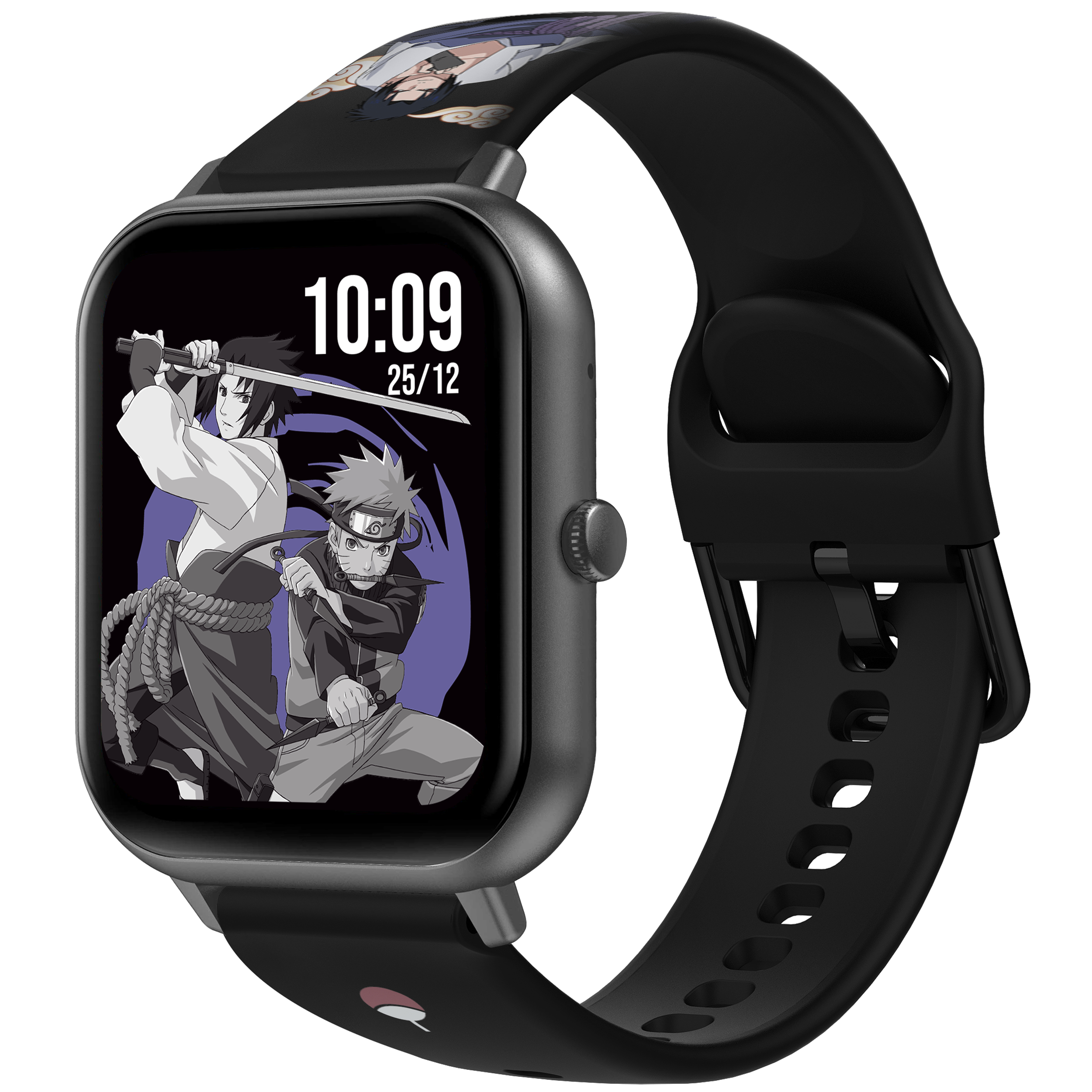 Smartwatch mit schwarzem Armband. Der Bildschirm zeigt Naruto und Sasuke aus dem Naruto-Anime.