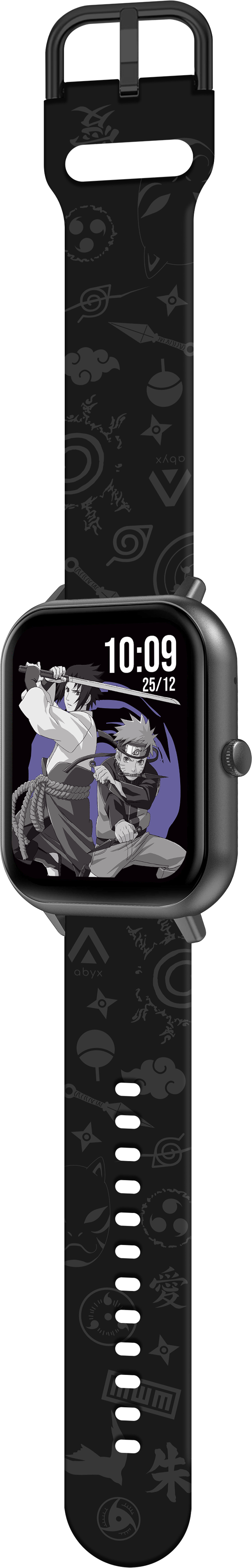 Schwarze Smartwatch mit Naruto-Motiv am Armband, zeigt einen Charakter und die Uhrzeit 10:09 auf dem Bildschirm.